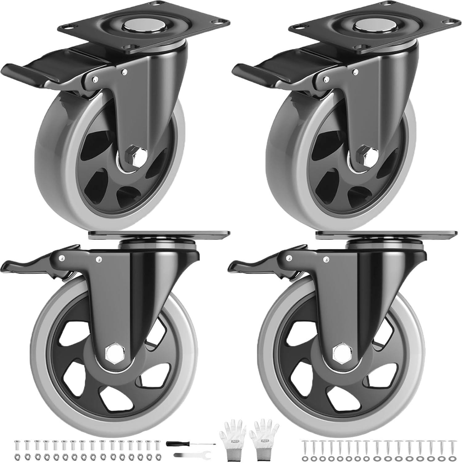 4 Inch Caster Wheels Heavy Duty 2200Lbs, Casters Set of 4 with Safety Dual Locking, Swivel Industrial Plate Casters, No Noise Wheels for Cart, Furniture(Bonus of 2 Hardware Kits & Gloves)