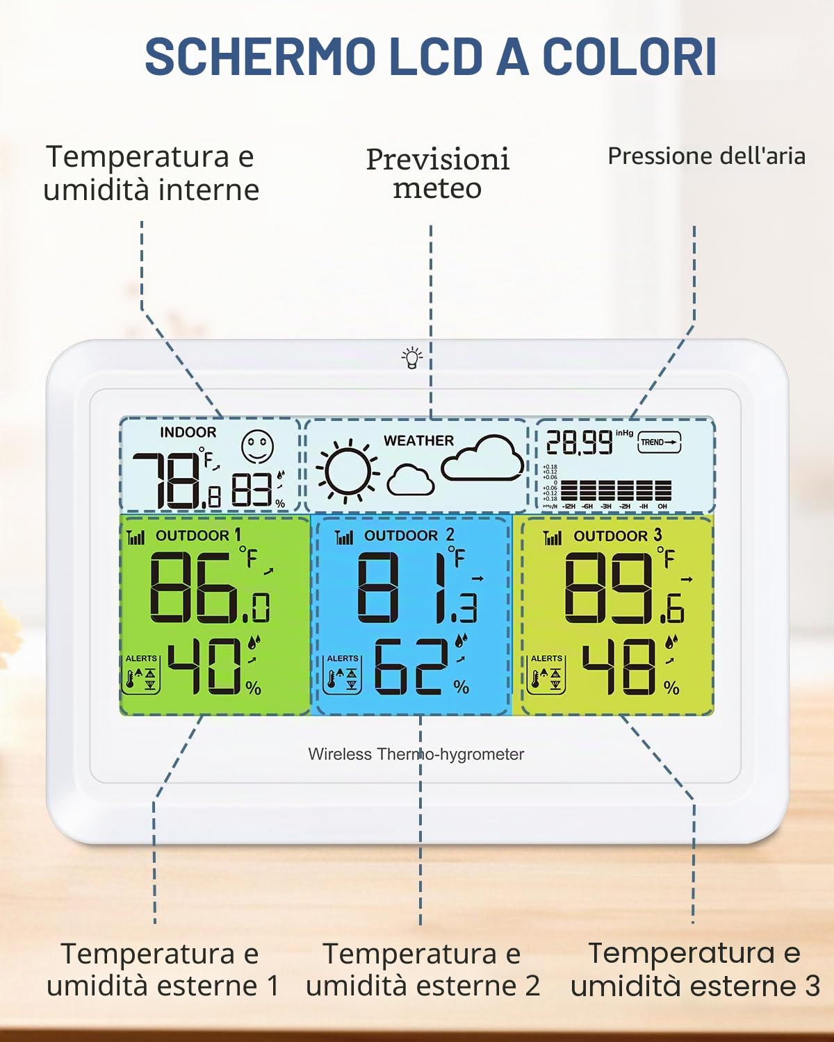 Stazioni meteorologiche con sensore esterno wireless per interni ed esterni, termometro igrometro con 3 sensori, termometro digitale umidità con display a colori, retroilluminazione, previsioni