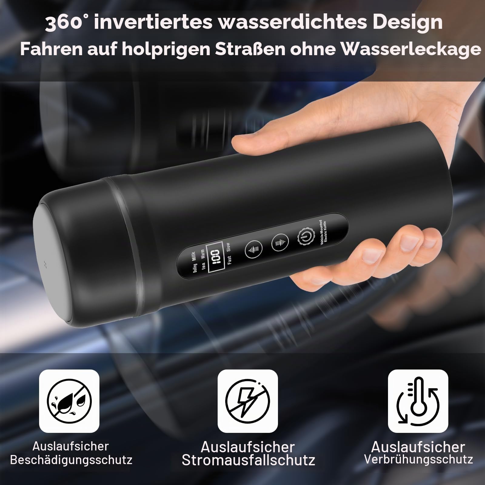 12V/24V Auto-Wasserkocher 500 ml, 316 Edelstahl, USB-C Isolierfunktion (45–55 °C), Intelligenter Touchscreen Kocher für LKW & Wohnmobil