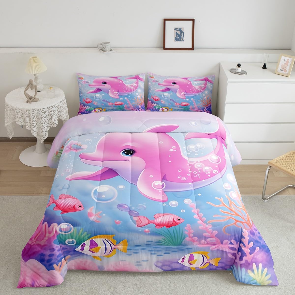 Erosebridal Girls Pink Dolphin Comforter Set Full 7 Piece Ocean Life Sea Animal Bed in a Bag,Nautical Marine Creatures Bedding Sets with 1 Fitted Sheet,1 Flat Sheet,2 Pillowcases,2 Throw Pillow Covers
