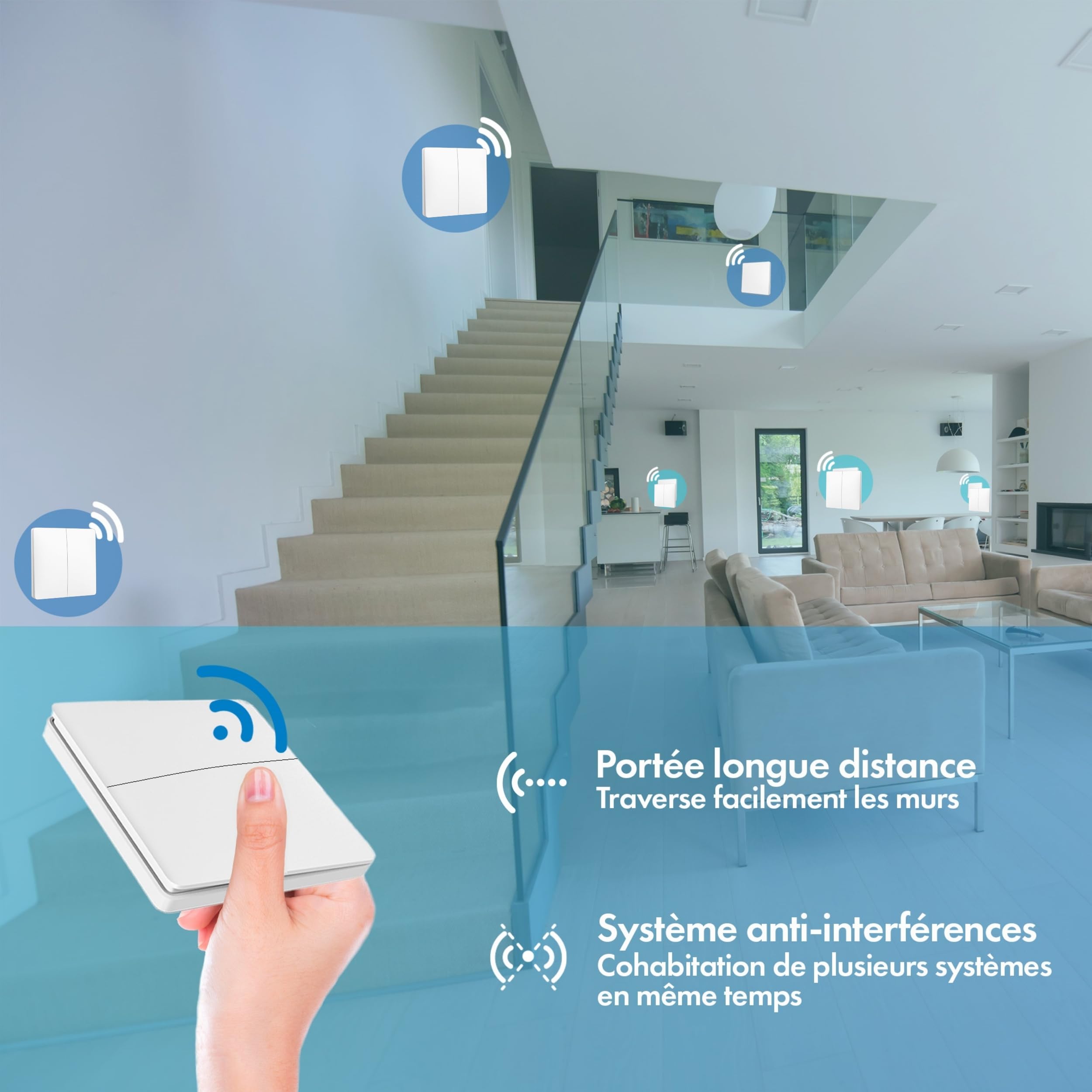 Interrupteur sans fil et sans pile Auto alimenté - Écologique - Qualité Pro - Va et vient RF 4 télécommandes double allumage + 2 douilles adptateur radios à vis E27