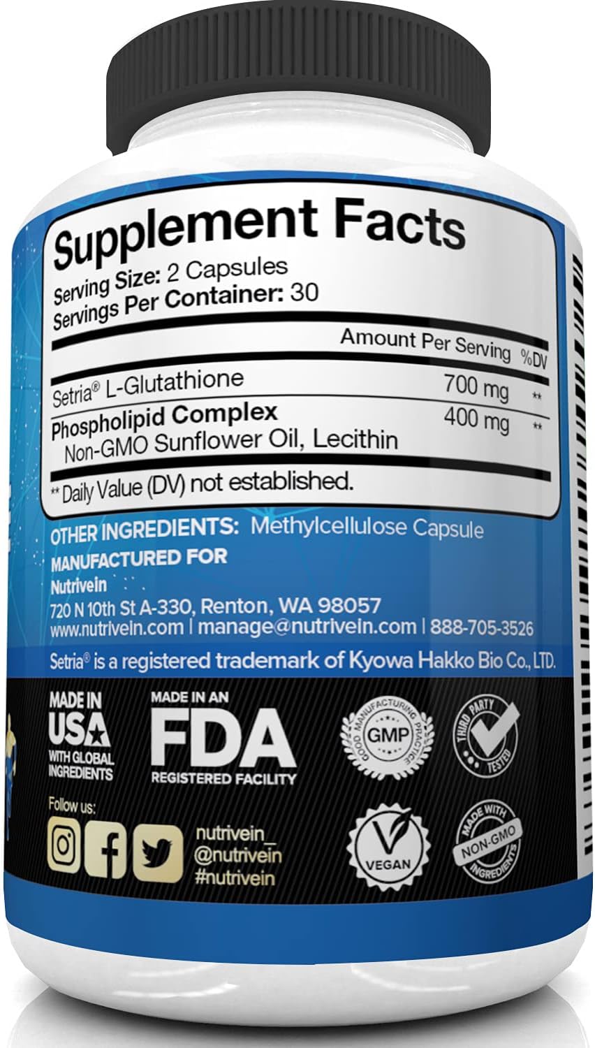 Nutrivein Liposomal Glutathione Setria® 700mg - 60 Capsules - Pure Reduced Glutathione - Master Antioxidant for Optimal Cell Protection, Liver Detox, Cardiovascular Health, Brain and Immune Function : Health & Household