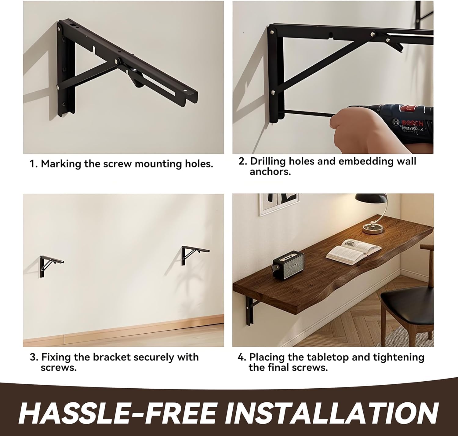 Mesa de pared que ahorra espacio, escritorio plegable resistente con soportes que soporta 330 libras, banco de trabajo para oficina en casa y pequeños