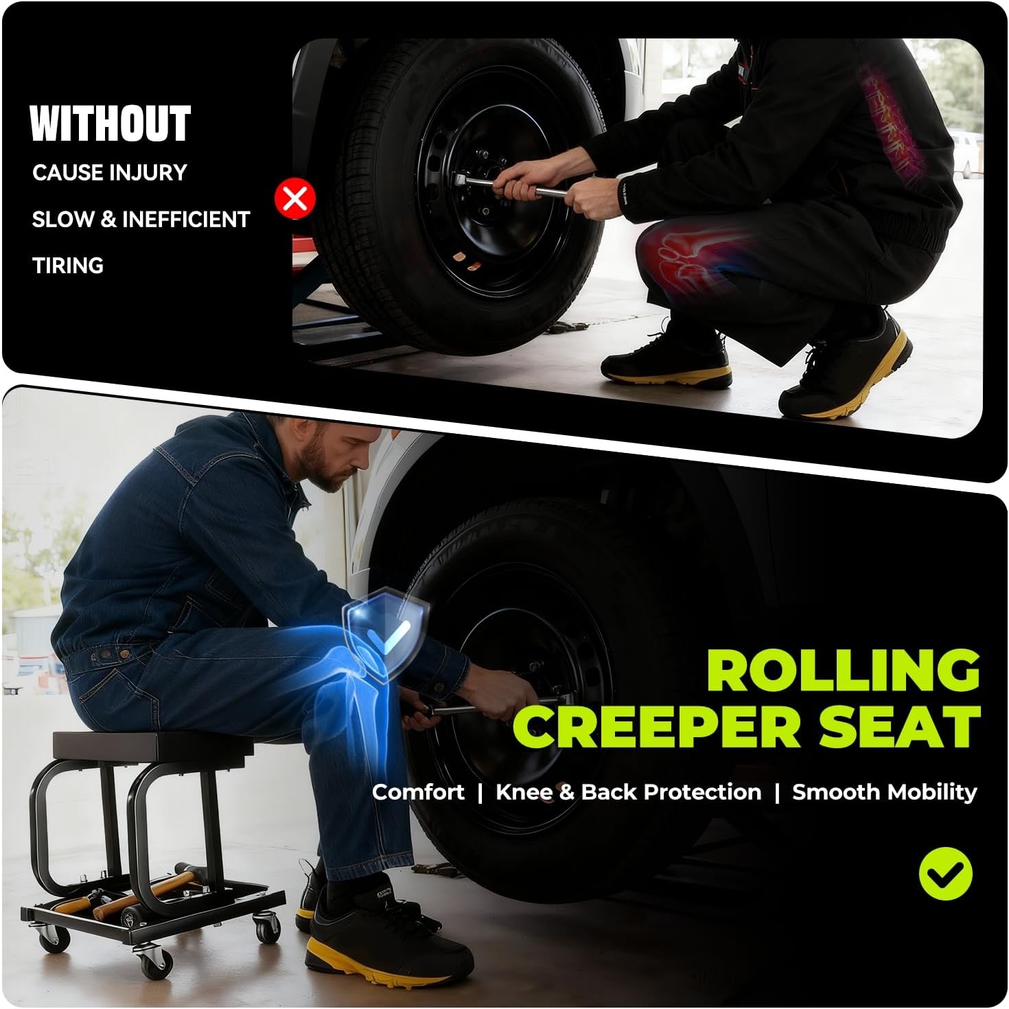 Auto Dynasty Rolling Mechanic Stool, 250 LBS Capacity Rolling Creeper Garage/Shop Seat, Padded Shop Stool with Tool Tray Storage for Garage, Workshop, Auto Repair (Black)