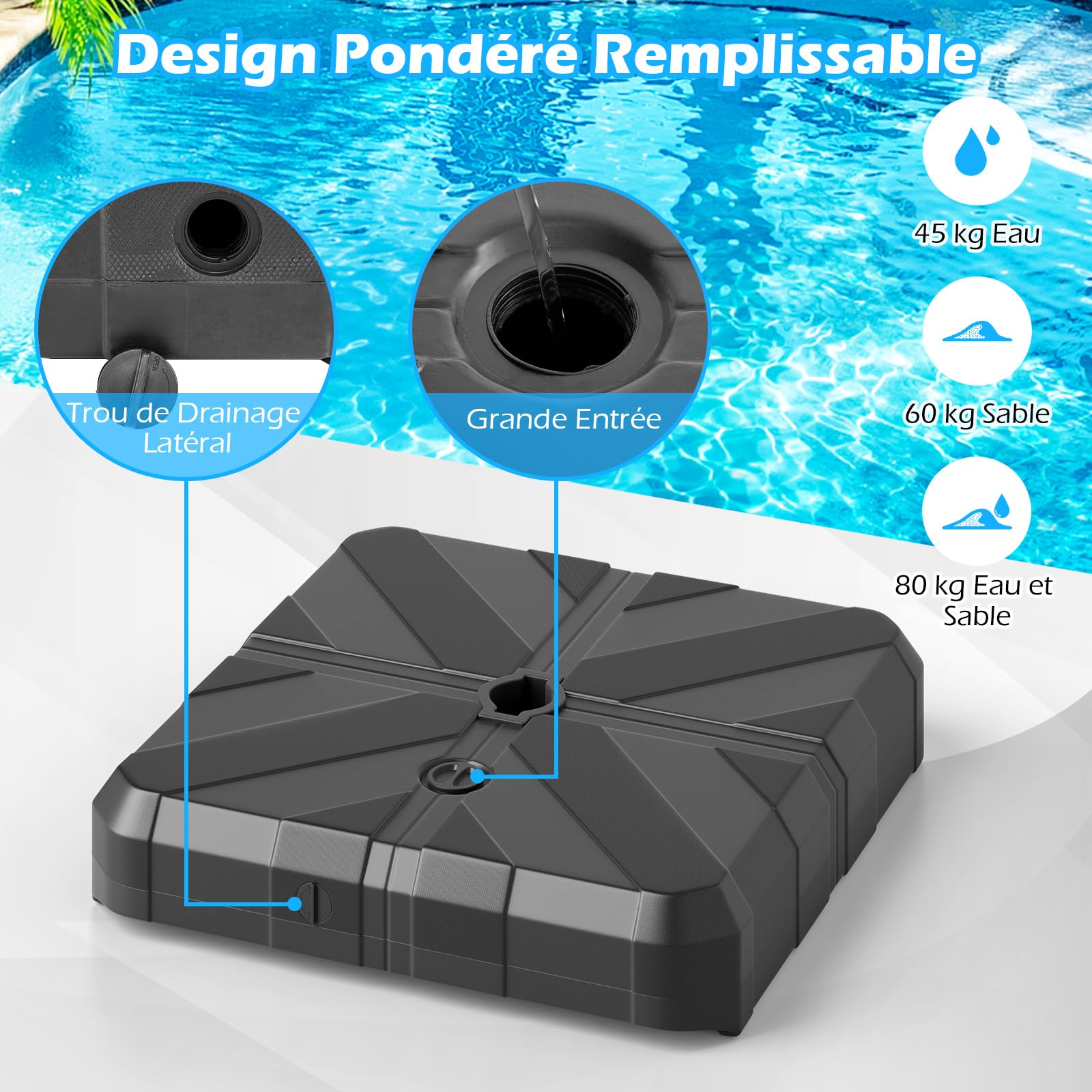 RELAX4LIFE Pied de Parasol Déporté Remplissable 60kg