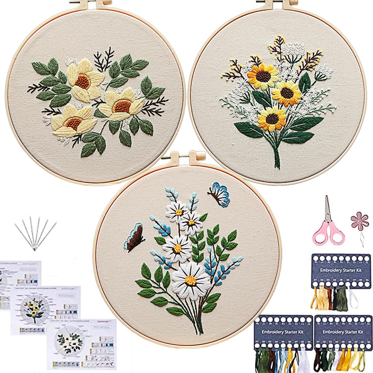FONNUY Embroidery Kit for Beginners，Plants Flowers Pre-Stamped Pattern Kits for Adults with Hoop, Easy to Follow Needlework (3 Set), FONNUY12313
