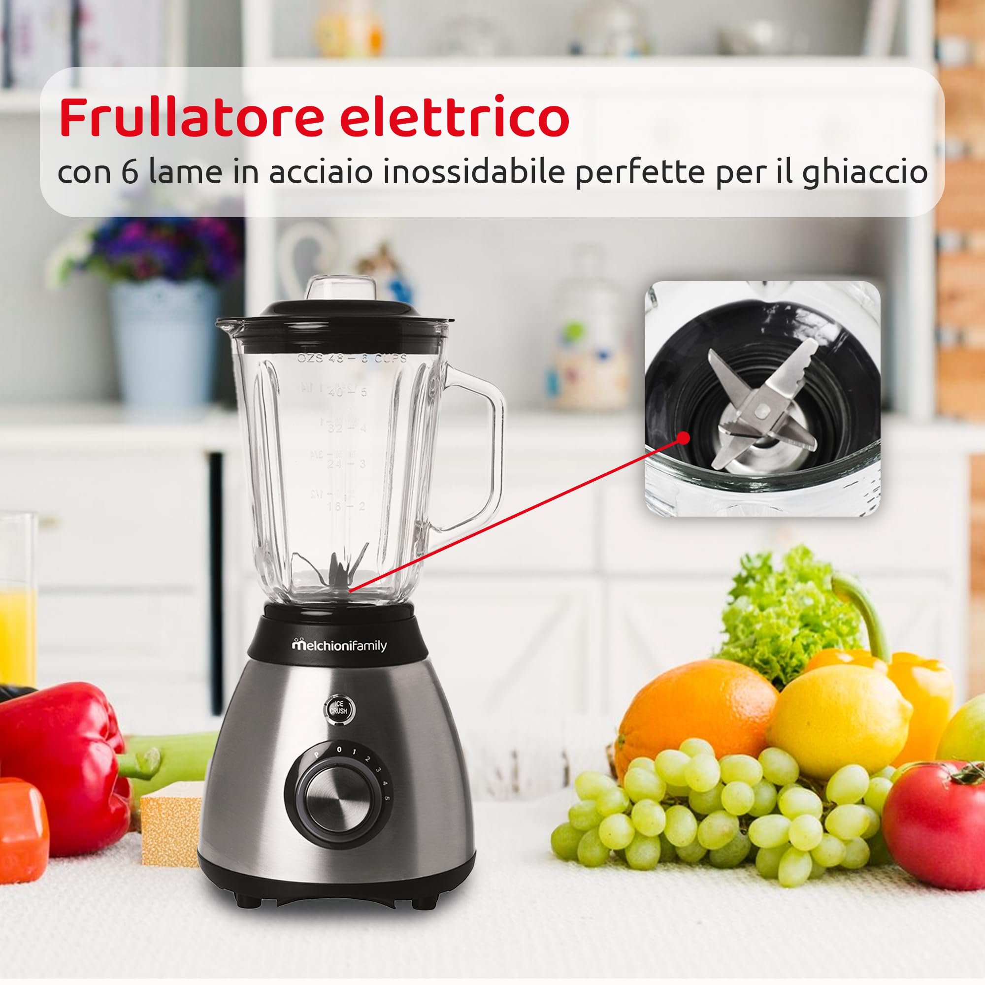 Melchioni Family | Frullatore Elettrico 600W con Caraffa in Vetro da 1,5L e 6 Lame in Acciaio Inossidabile - Versatile, Potente e Facile da Usare