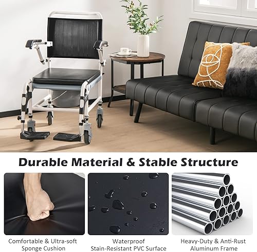 Miniatura 7 de Giantex Silla de ruedas 4 en 1 para inodoro con brazos, 4 ruedas bloqueables, cubo desmontable, altura ajustable y reposapiés abatible, silla de