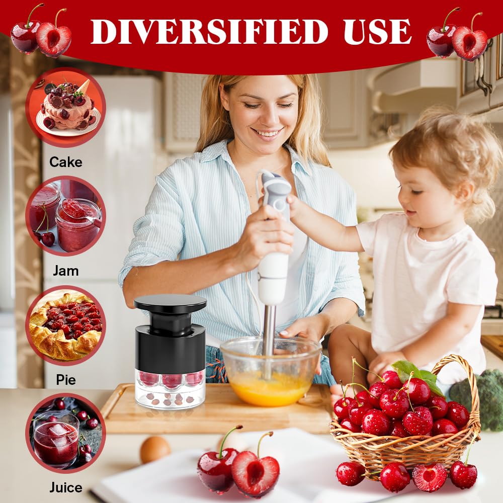 Deshuesador de Cerezas, Multifuncional para Cocina, 7 Agujeros Extractor de Huesos de Cereza, para Frutas como Uvas de Mermelada y Dátiles Rojos, Apto para Lavavajillas con Recogedor de Núcleo