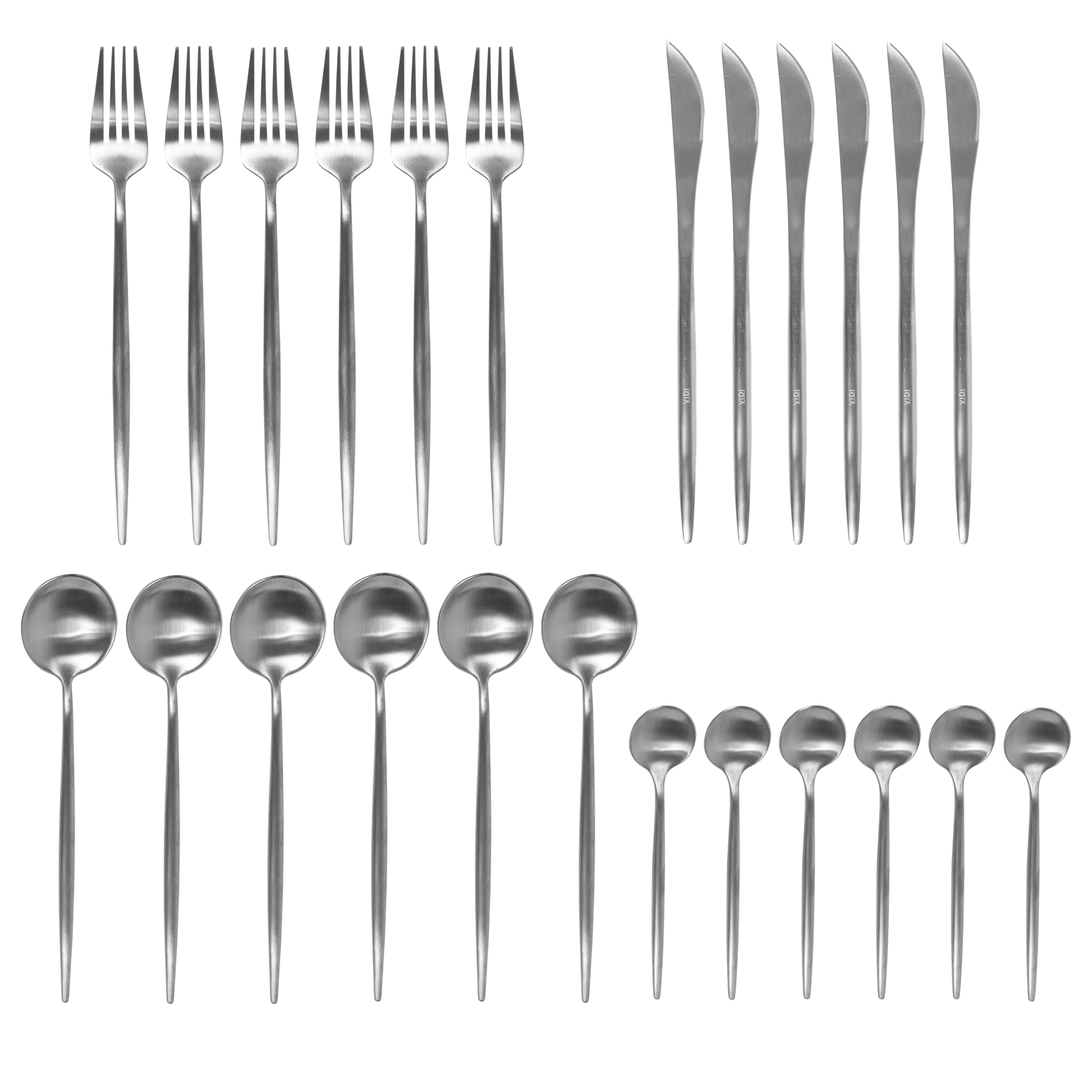 VIDI FERRO - Set posate 24 pezzi cucchiai, forchette, coltelli, cucchiaini acciaio inox, lavabili in lavastoviglie, acciaio lucido
