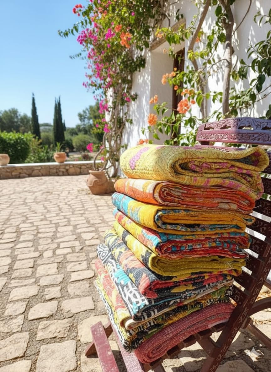 Indian Vintage Kantha Handmade Throw Reversible Blanket Bedspread Cotton Fabric Bohemian Quilt, 84X54 InchesAssorted Colors (10)