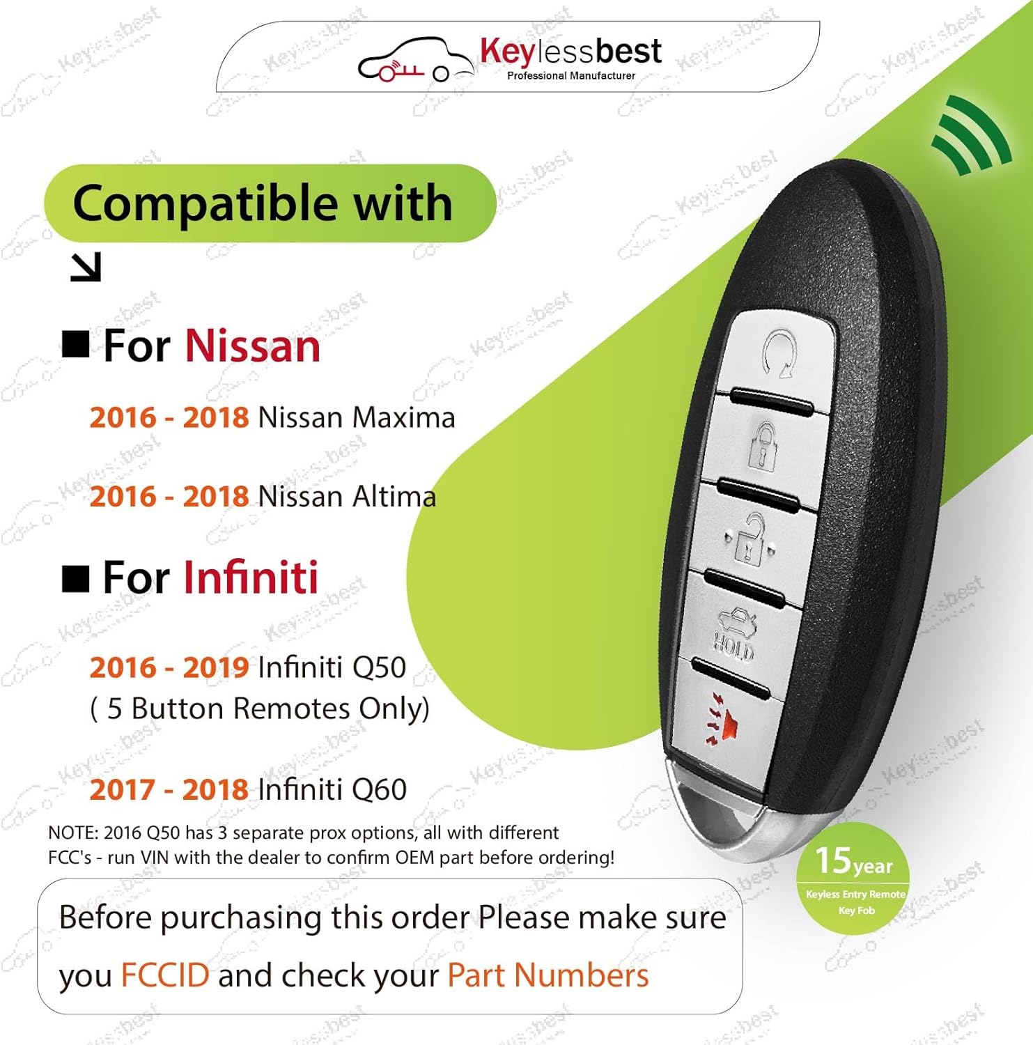 Replacement for 2016 2017 2018 2019 Nissan Maxima Altima Infiniti Q50 Q60 Key Fob Remote Control KR5S180144014 5 Buttons 433MHz