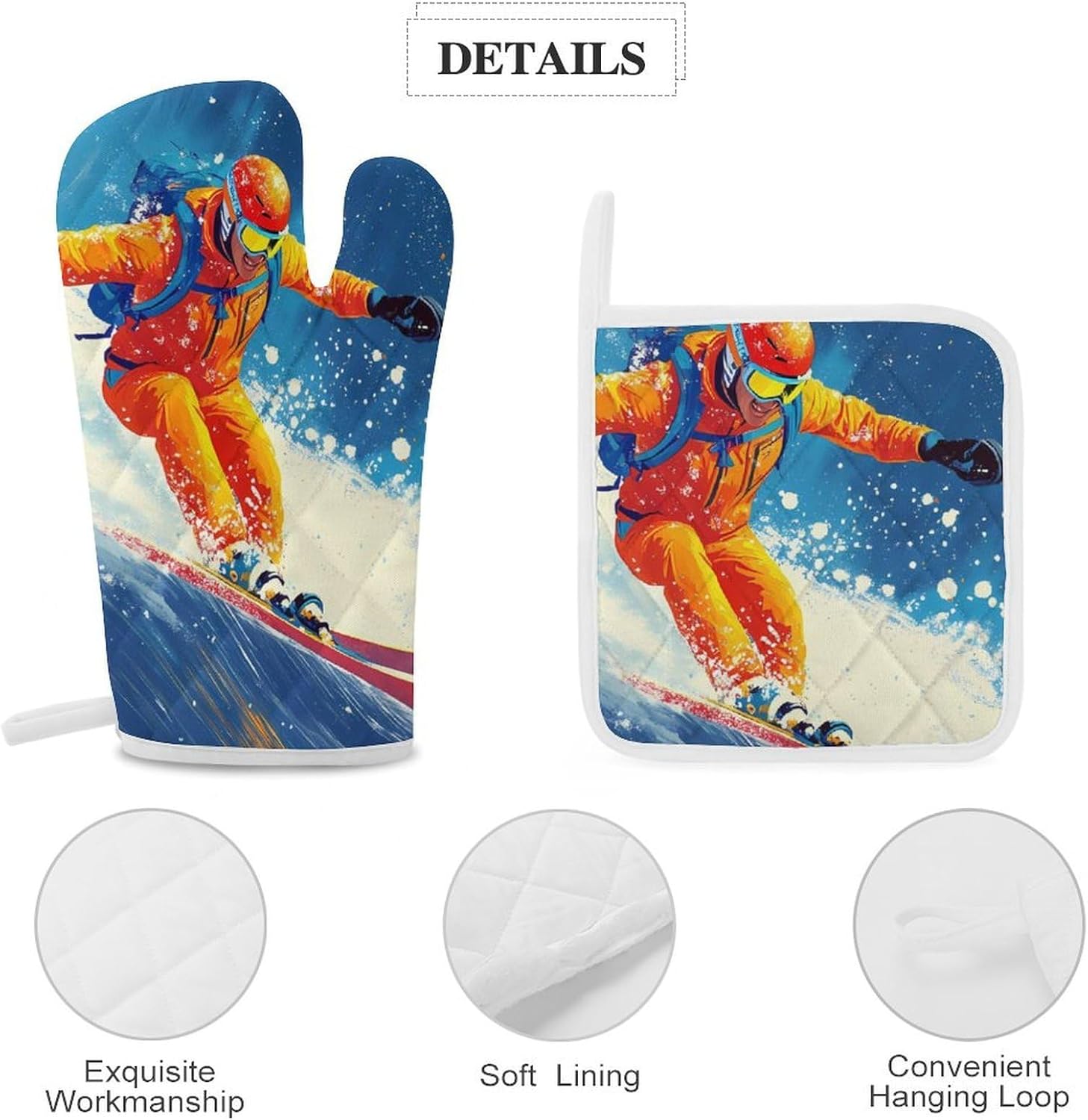 Skier Ski Skiing On Snowy Mountain Oven Mitts and Pot Holders 4Pcs Set Heat Resistant Cooking Mitts Hot Pads