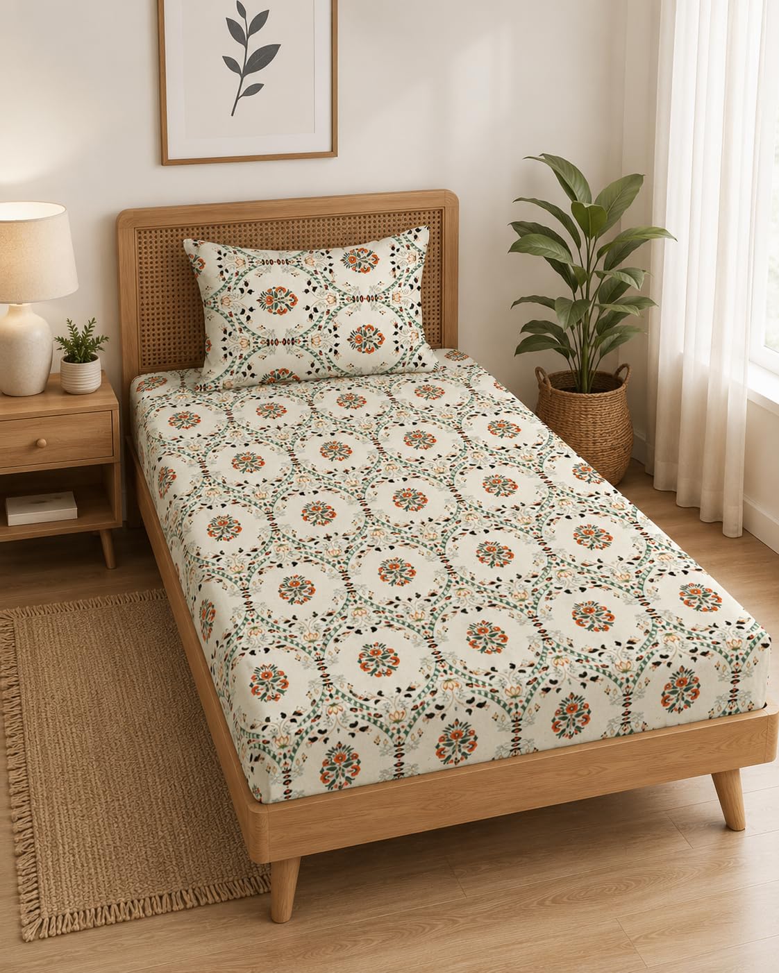 LOOMLYFE 300 TC Cotton Feel Glace Elastic Fitted Printed Single Bed Bedsheet with 1 Pillow Cover Fits Upto 6 Inches Mattress,Size- 42X75X8 Inches, BeigeJaipuri