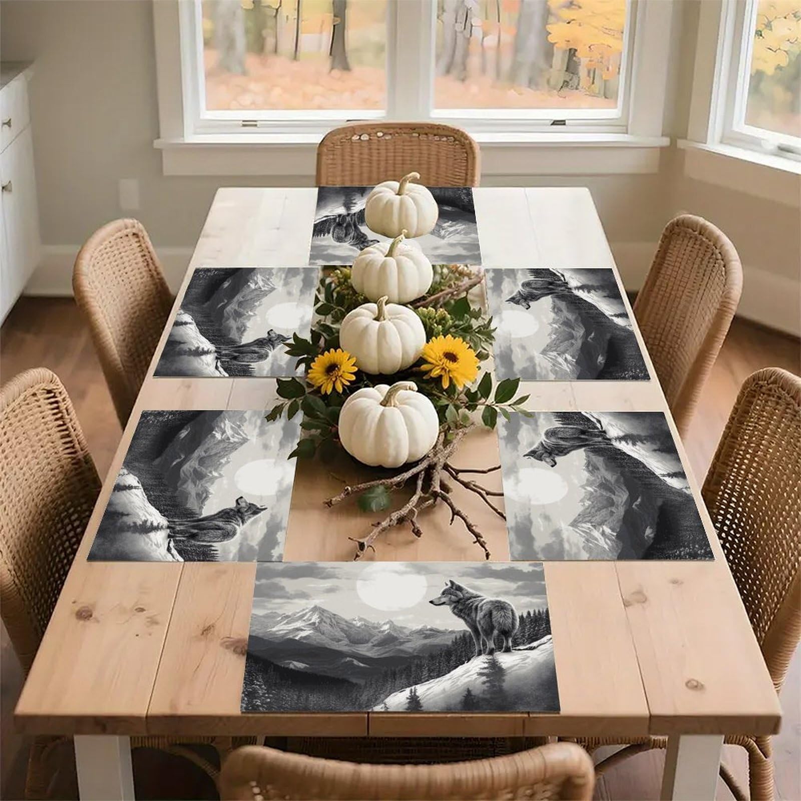 Snow Mountain Lone Wolf Placemats Wipeable Heat Resistant Table Mats Washable Flax Place Mats Elegant Cloth Non-Slip Placemat for Kitchen Dinning Party Table Decor 12 * 18 in