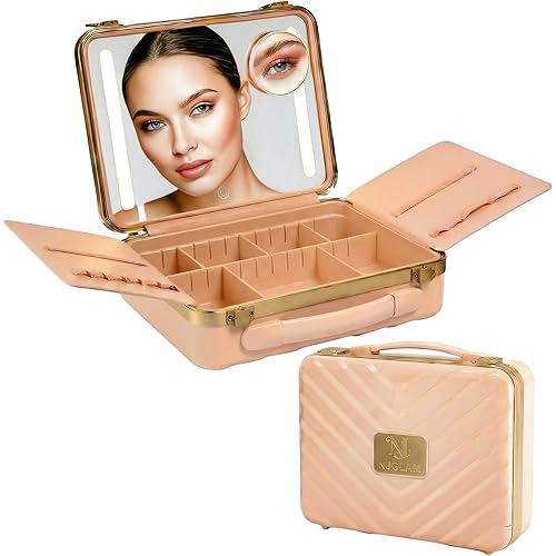 Travel Makeup Case with LED Mirror - Durable Makeup Case with Lighted Mirror with 3 Adjustable Light Settings - Rechargeable Makeup bag with light up Mirror - Mini 10x mirror included