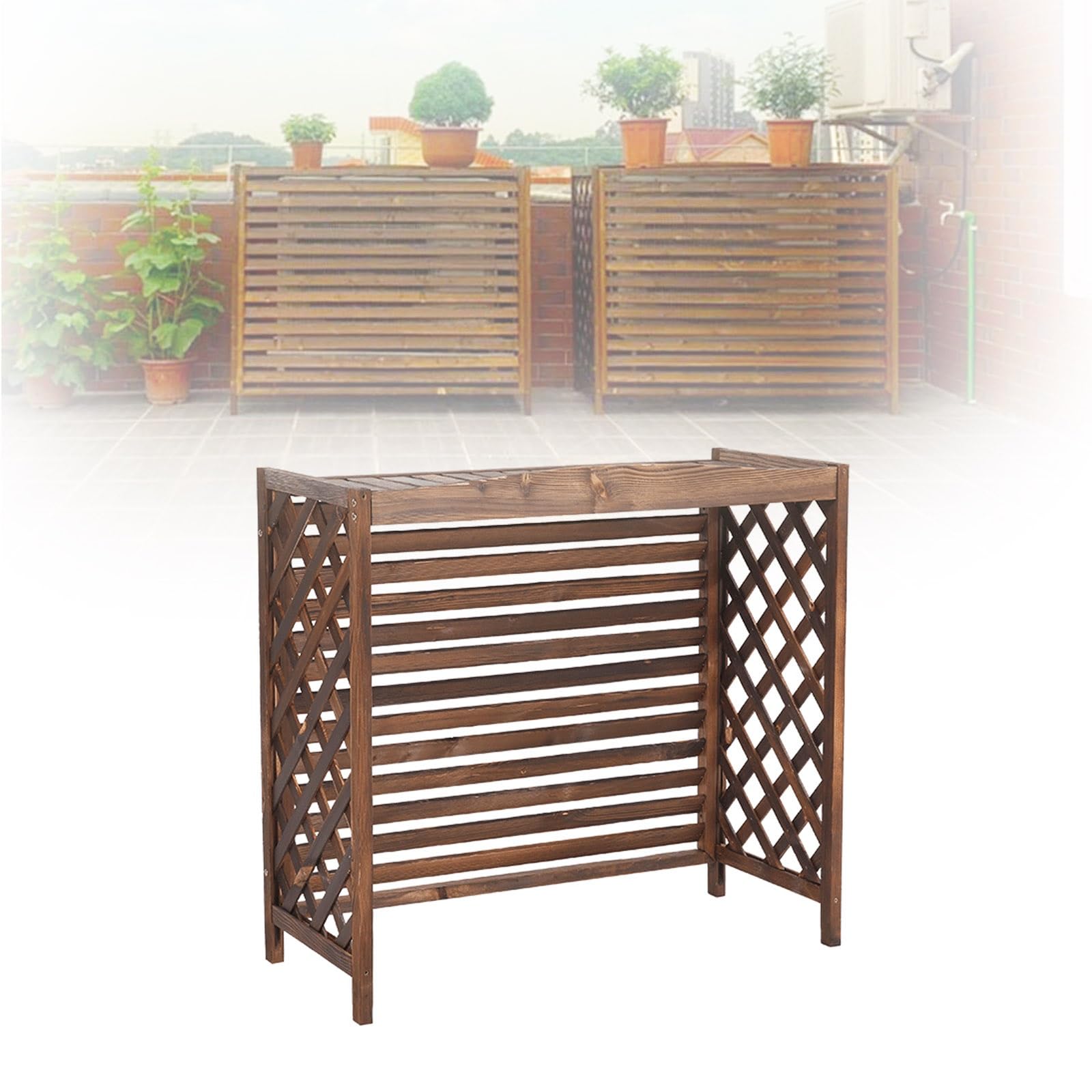 Pokrowiec na klimatyzator zewnętrzny odporny na warunki atmosferyczne ochrona mobilna duża półka kwiatowa na balkon dekoracyjny brązowy drewniany design (rozmiar: dł. 85 x szer. 35 wys. 75 cm)