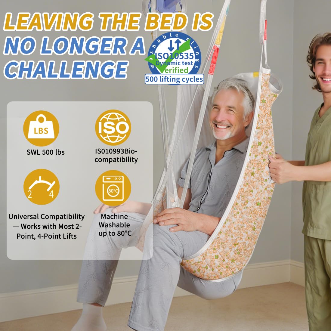 Divided Leg Patient Lift Sling with Head Support,Padded U-Sling for Transfer & Hygiene Access,4-Point Sling for Home Care & Nursing Facilities,500 lbs (Yellow Floral, Large)