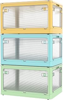 Stackable Storage Bins, Folding Storage Boxes Set 3 Pack, Collapsible Storage Bins with 5 Opening Ways, 18 Gal Foldable Storage Cubes for Clothing, Toys, Books (Mixed Color)