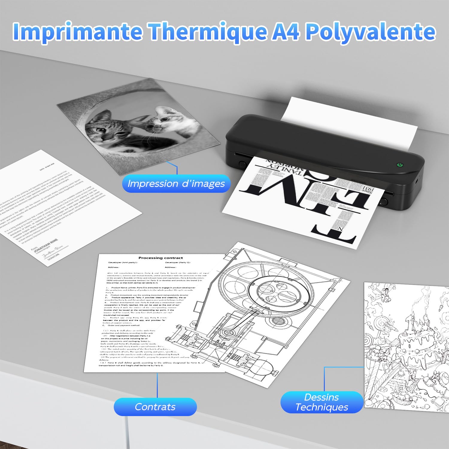 Phomemo M833 Imprimante Thermique A4 300 DPI sans Encre, Batterie 2600mAh, Compatible PC Android iOS Noir