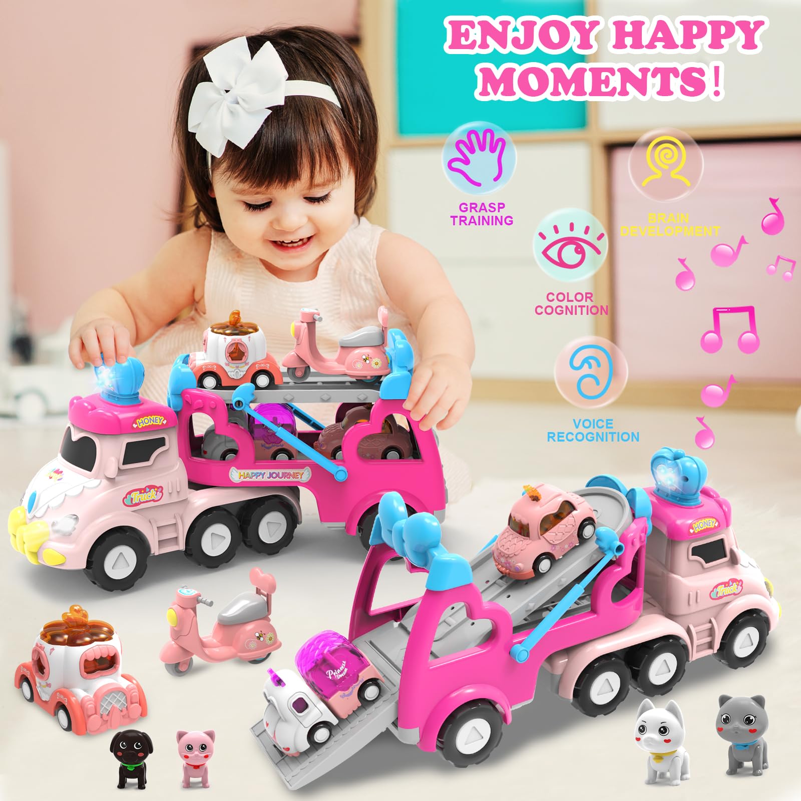 9 en 1 Camión Transporte Coches con Luces y Sonidos,Juguetes Niñas 2 3 4 Años,Regalo para Niña de 1 2 3 4 Años - 4