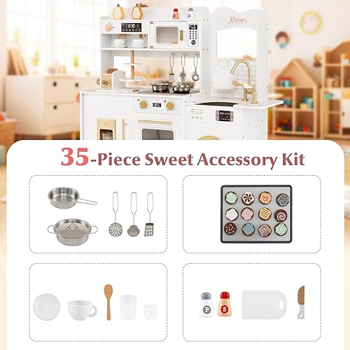 Miniatura 5 de HONEY JOY Juego de cocina, juego de cocina de juguete de madera con cafetera, tostadora de 2 rebanadas, microondas, horno, soporte para pasteles,