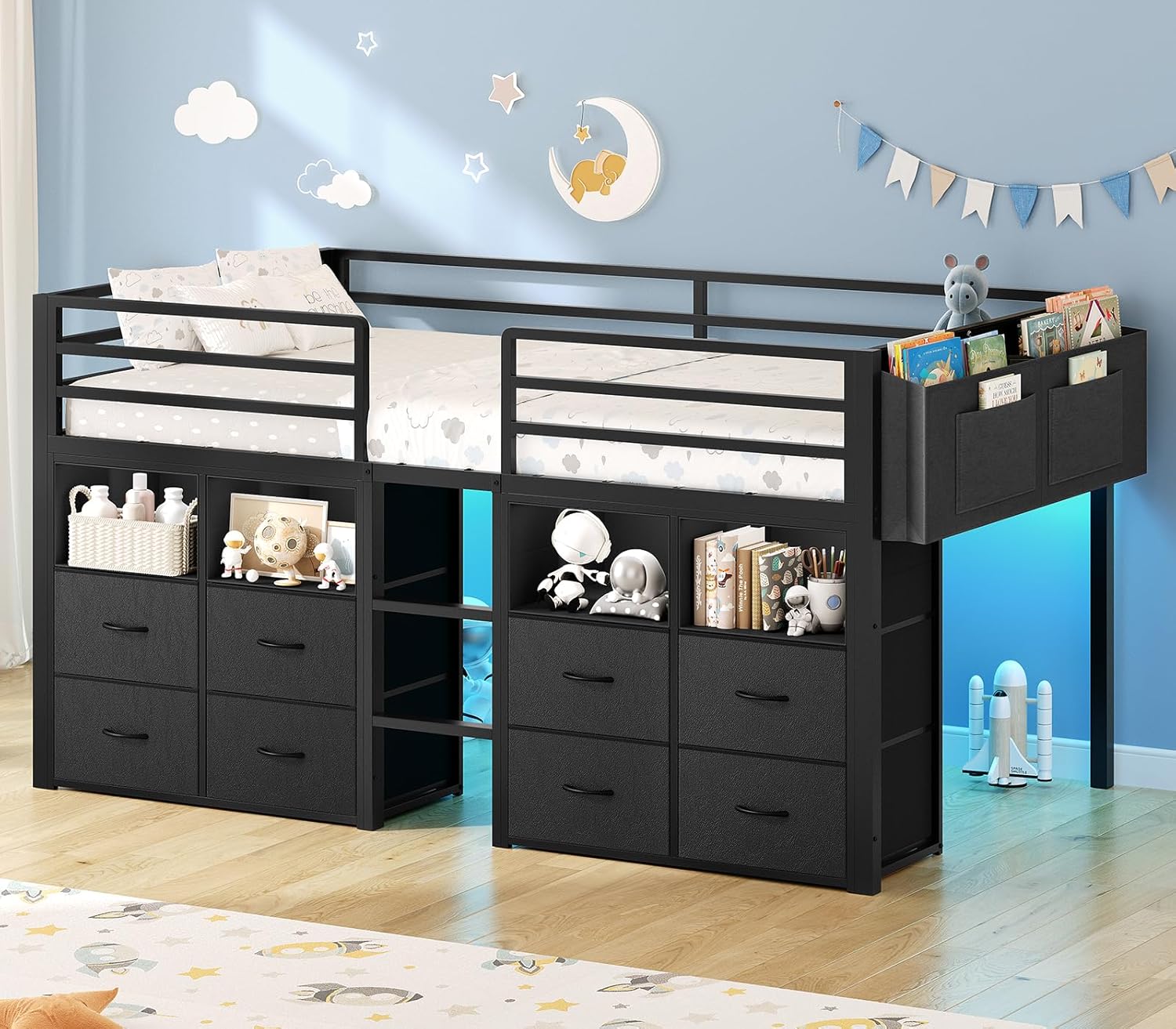 ADORNEVE Low Loft Bed Twin Size with 8 Storage Drawers, Twin Loft Bed with Bookcase and LED Lights, Metal Kids Loft Bed with 14" H Safety Guardrail, Under-Bed Play Space, No Box Spring Needed, Black