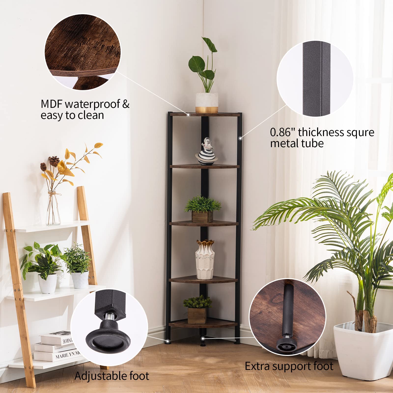 Estantería esquinera de 5 niveles, estantería industrial de esquina pequeña, estante de almacenamiento rústico para plantas para sala de estar, oficina en casa, cocina, espacio pequeño, color 5