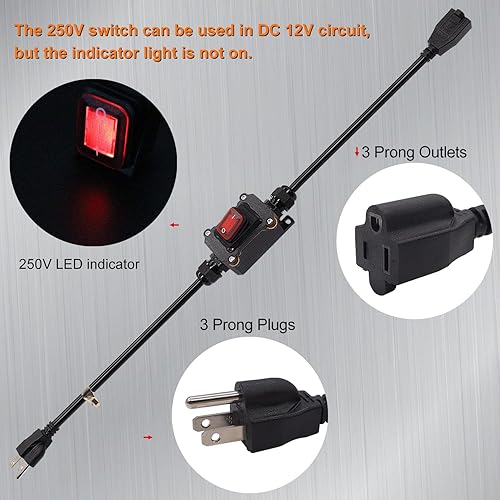 Miniatura 5 de weideer Cable de extensión con interruptor en línea de encendidoapagado IP67, impermeable, 20A, 250V, 16 AWG, 2 pies, 3 pines, enchufe de corriente,