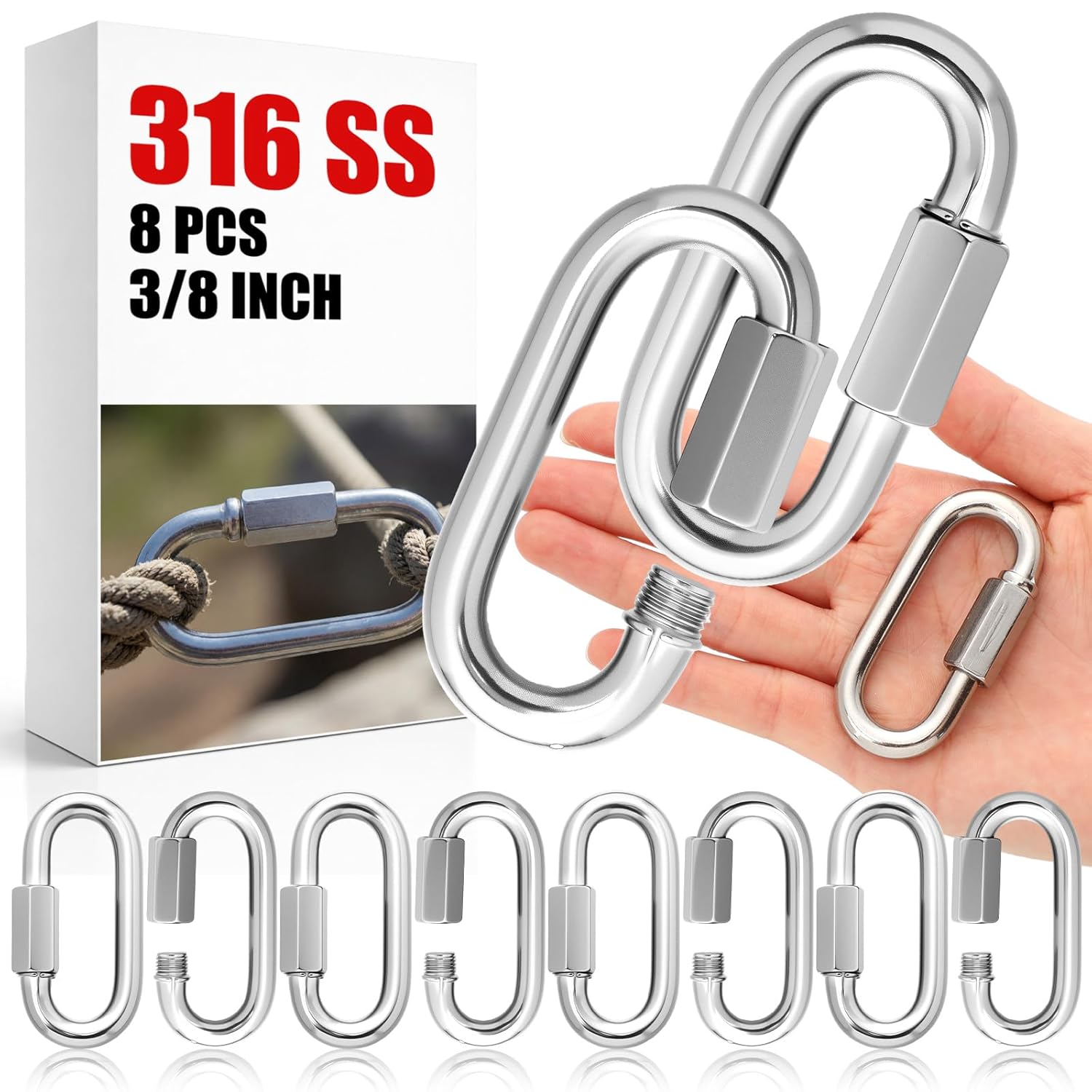 8 Pack 316 Stainless Steel Heavy Duty Quick Links D-Shape Locking Chain Connectors 875-2300 Lbs Working Load Marine Grade Safety Links for Towing Marine Camping Industrial Use(3/8")