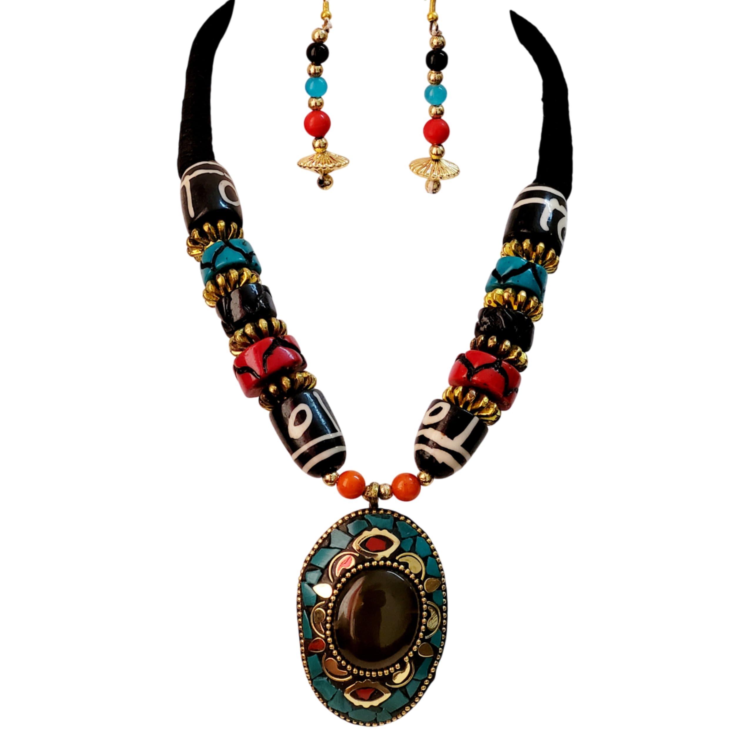 GenericTibetan Multicolor Short Necklace Set With Oval Shape Brass Pendant For Women | African Tribal Jewellery | Women Necklace Set | Handmade Jewellery