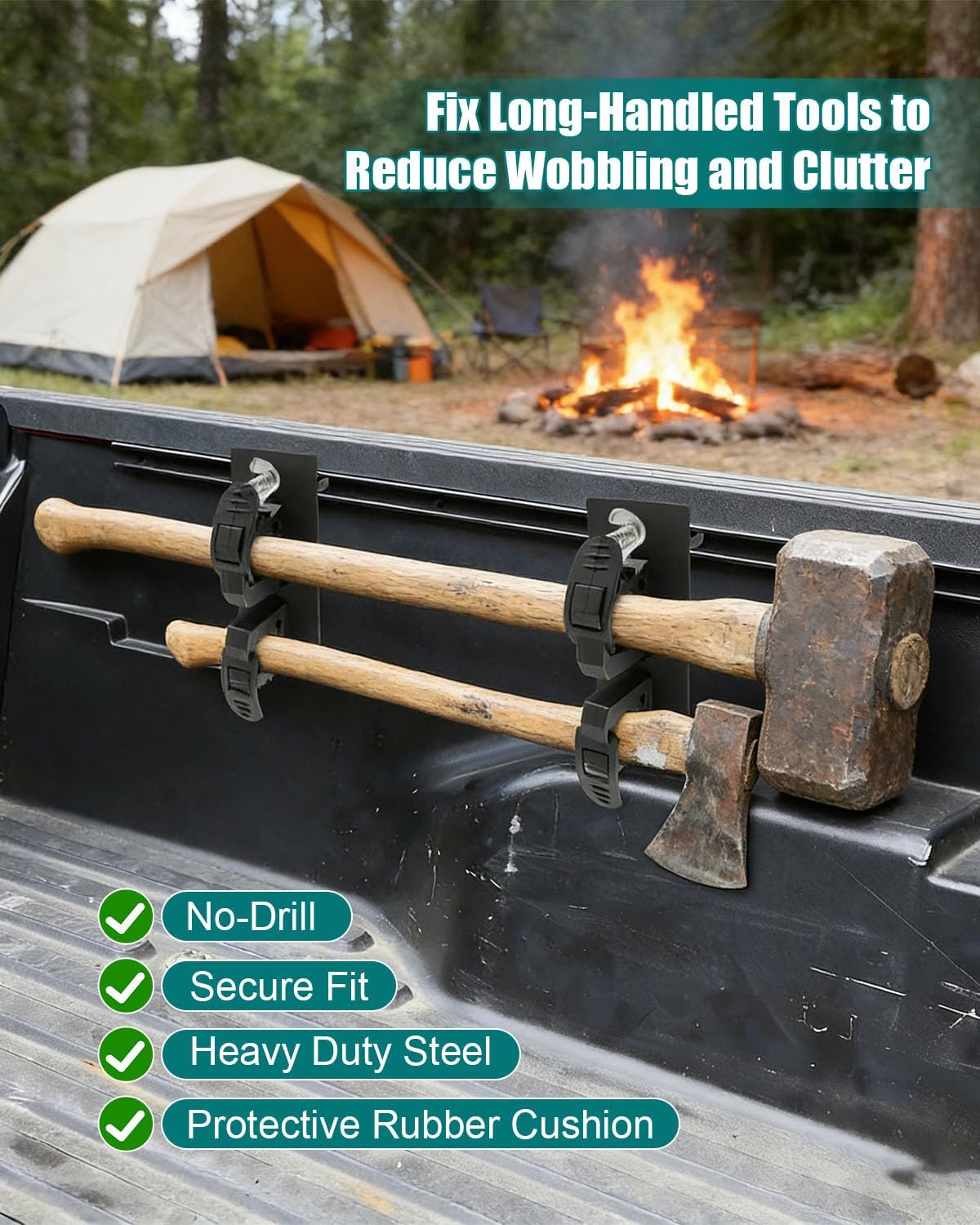 Bed Rail Tool Mount Brackets Fits for Toyota Tacoma, Heavy Duty Steel No-Drill Cargo Rail Mounts for Shovel Axe Hammer, Anti-Rust with Rubber Padding & Reflective Strips