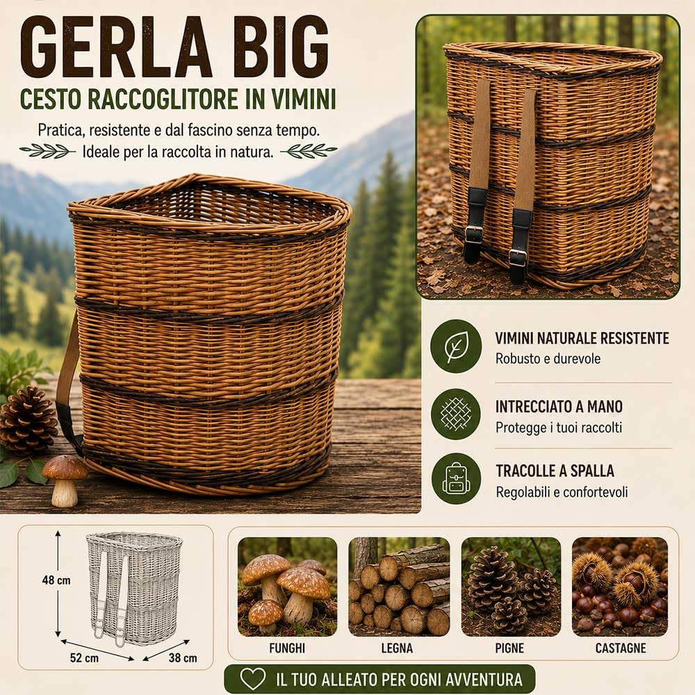 "Gerla Vimini Grande con Tracolle 52x38 h48 cm — Cesto Portalegna Camino, Raccolta Funghi e Castagne, Cesto Giardino — Zaino Spalla Rustico