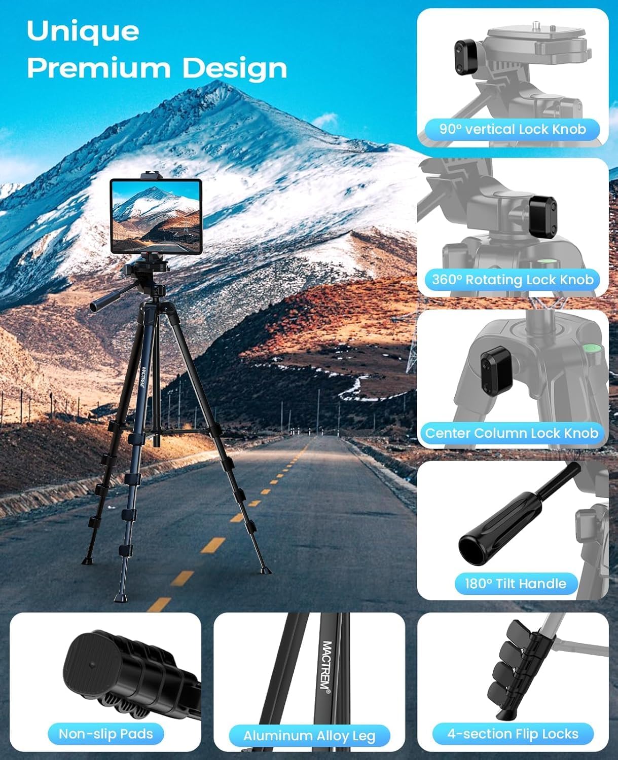 MACTREM iPhone iPad Tripod Stand, 67" Phone Tripod for iPad Tablet Camera with 2 in1 Holder Remote Carry Bag, Aluminum Extendable iPhone Stand for Video Recording/Selfies/Live Stream/Vlogging