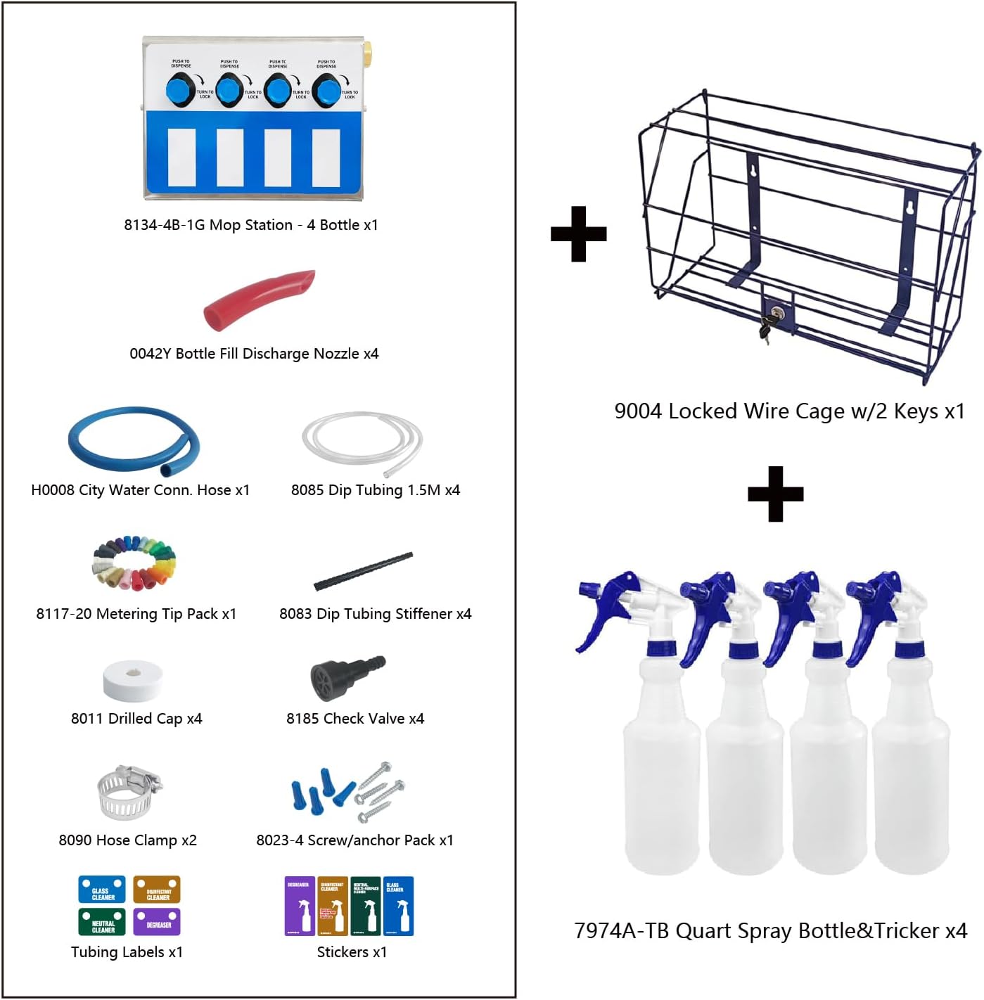 4-Products Spray Bottle, Chemical Proportioner with Locking cage, Cleaning Chemical Dilution Dispensing Proportioner for Application in Hotel, School, Store, Restaurant, Hospital, 8134-4B-9004
