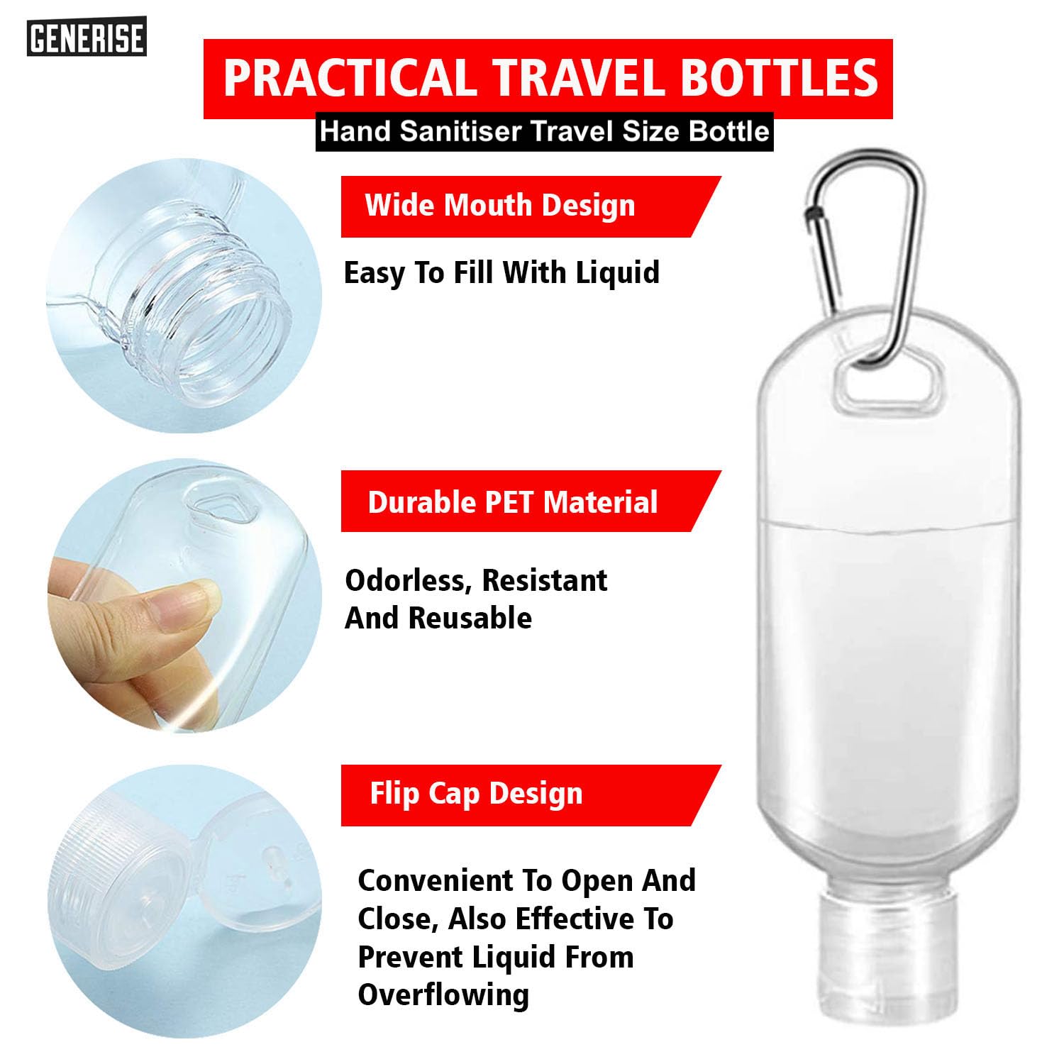 Flacone disinfettante per le mani con clip, 4 flaconi riutilizzabili per disinfettanti per le mani, 50 ml, con coperchio ribaltabile e moschettone