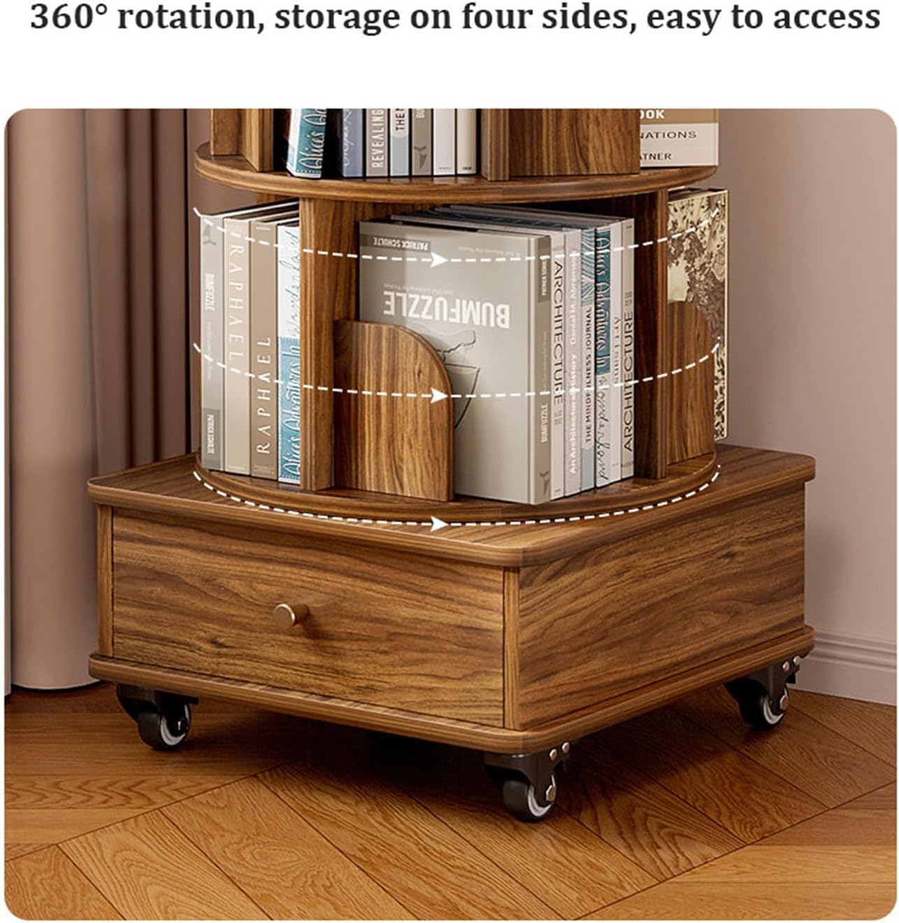 Rotating Bookshelf, 360°Display Corner Bookshelf with Drawers and Wheel,5 Tier Floor Standing Bookcase Storage Rack,Wood Narrow Organizer,for Bedroom, Living Room, Study Room