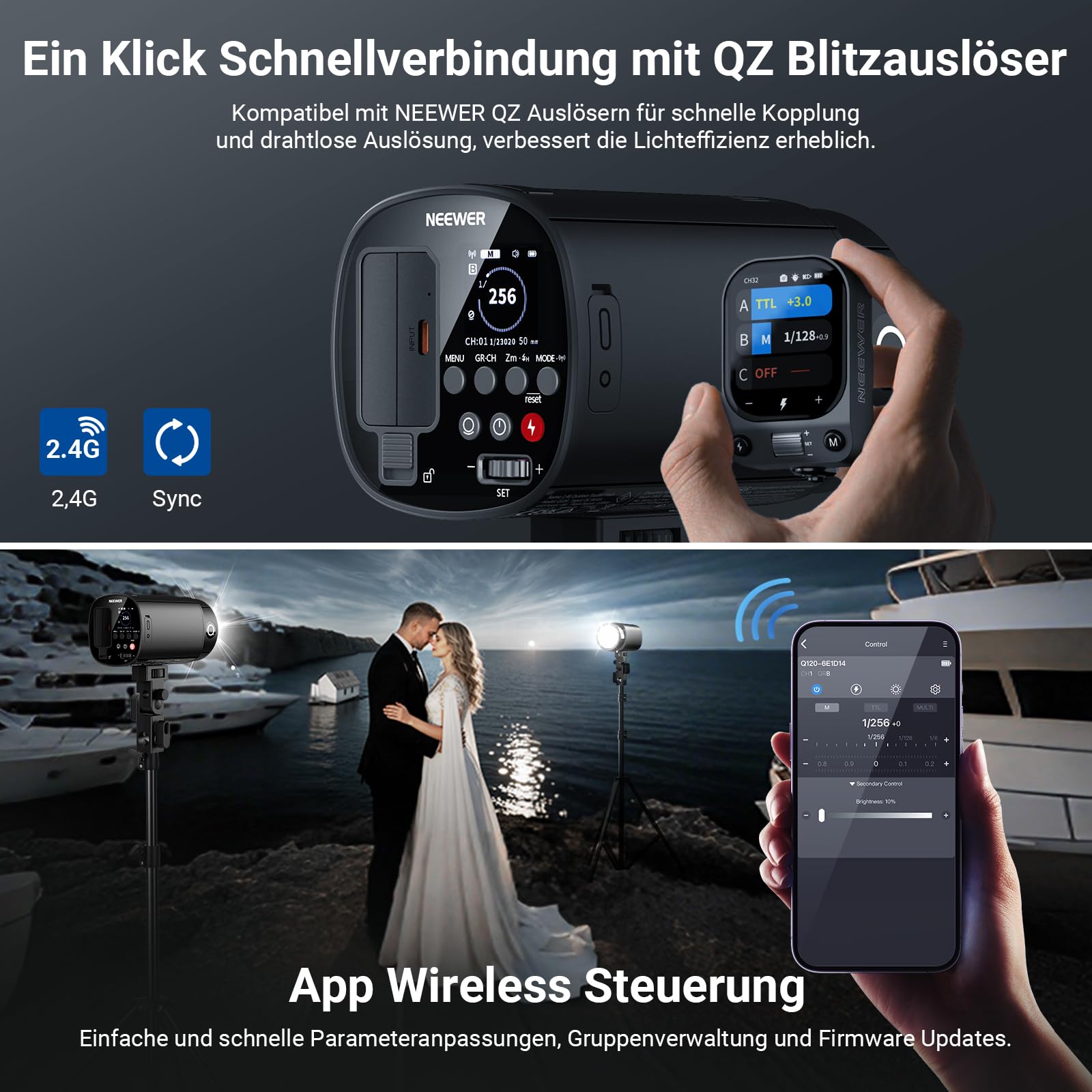 NEEWER 120Ws 2,4G TTL Outdoor Blitzgerät, kompatibel mit Godox, 1/8000s HSS Tragbares Studio Monolight mit Einstelllicht / 3000mAh Akku / 420 Blitze / 1,5s Blitzladezeit für Fotoshootings, Q120