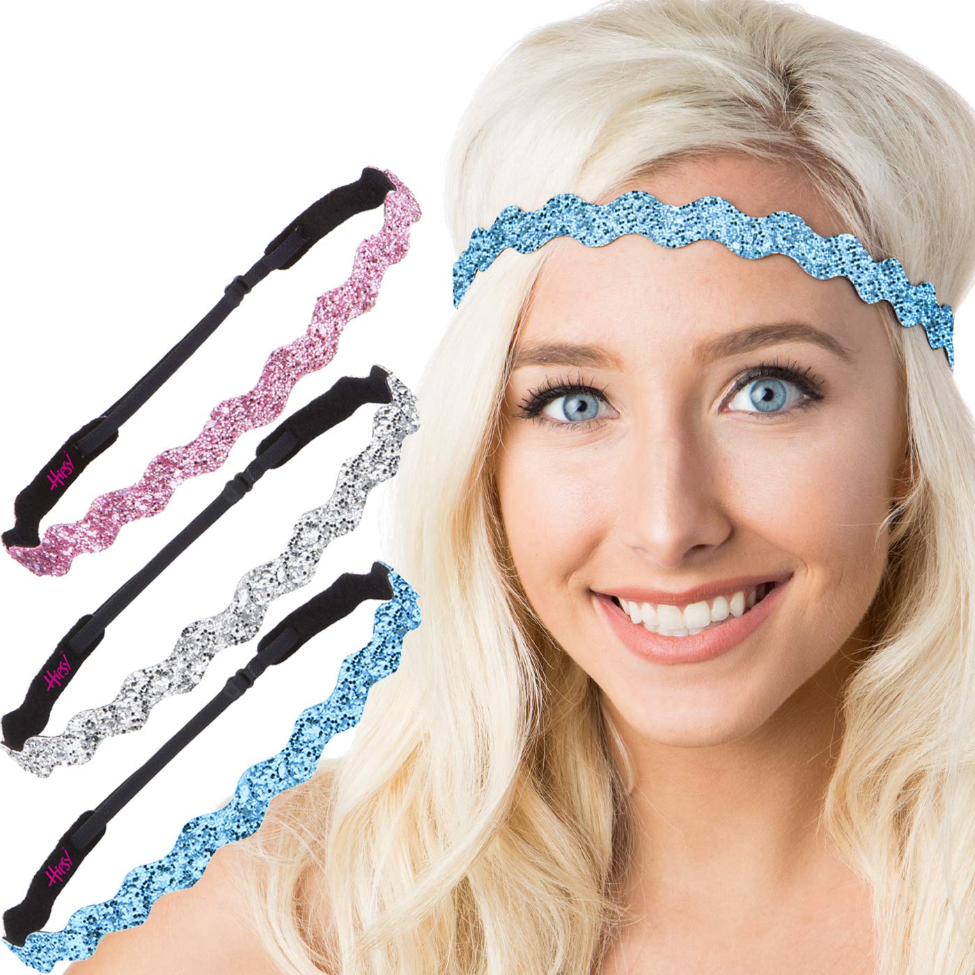 Hipsy PLUS Size, Adjustable No Slip Sparkly Bling Glitter Wave 3pk Headbands for Women Girls & Teens (Wave Gold/Black/Silver)