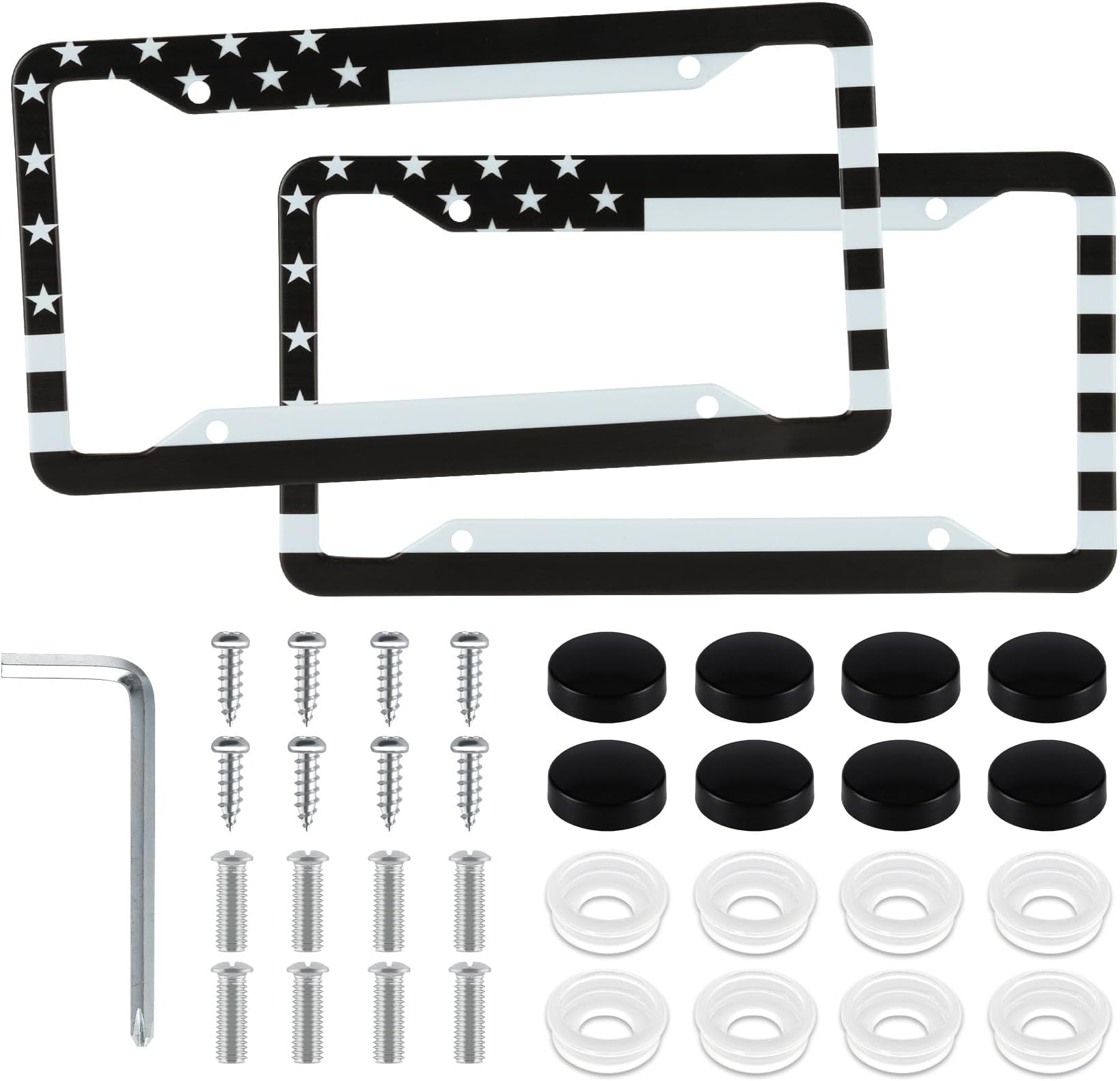 LivTee American Flag License Plate Frames, 4 Holes Stainless Steel License Plate Covers, 2PCS License Plate Holder, Automotive Exterior Accessories,White & Black