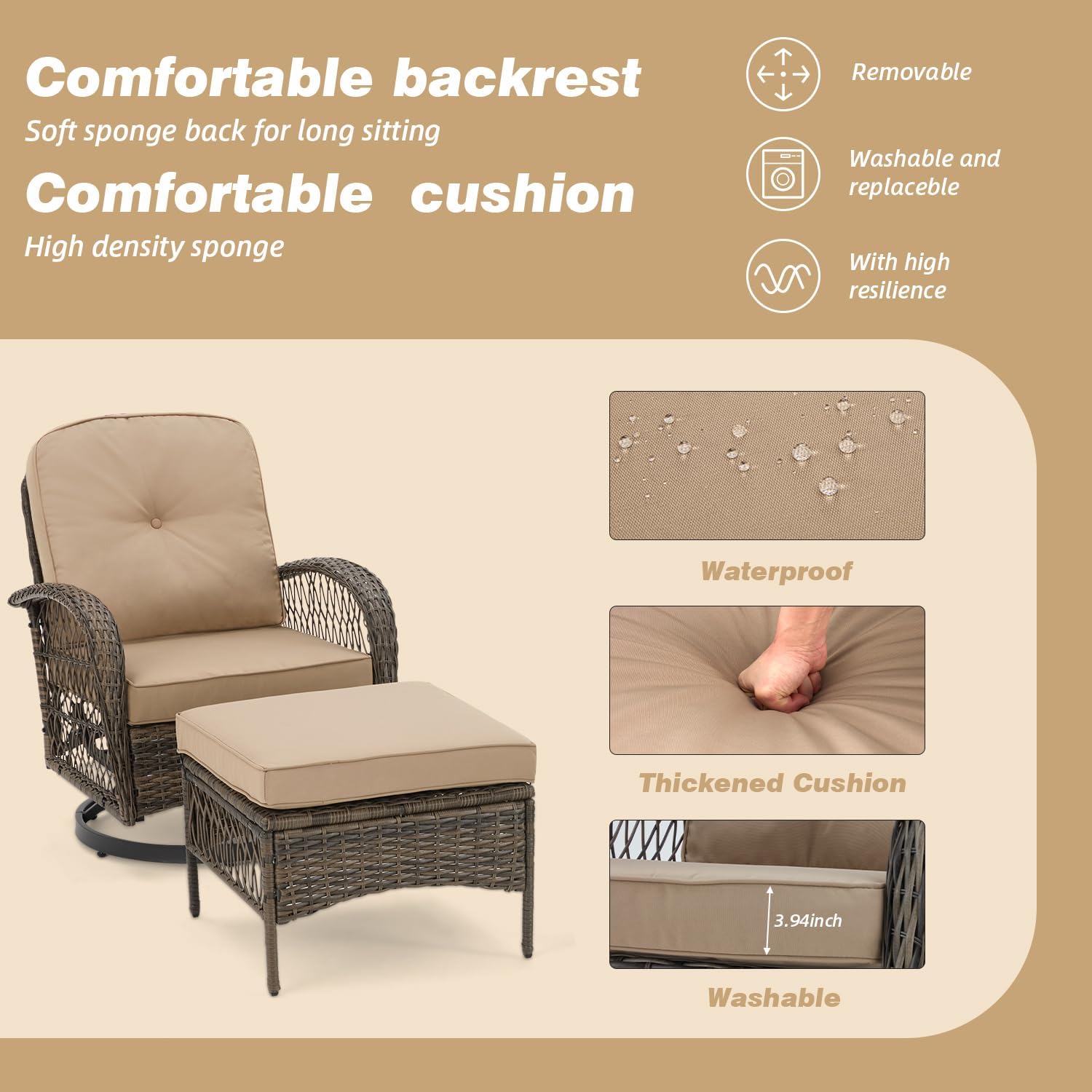 EROMMY 5 Pieces Outdoor Swivel Rocker Patio Chairs, 360 Degree Rocking Patio Conversation Set with Thickened Cushions, Glass Coffee Table and Ottomans for Backyard, Khaki