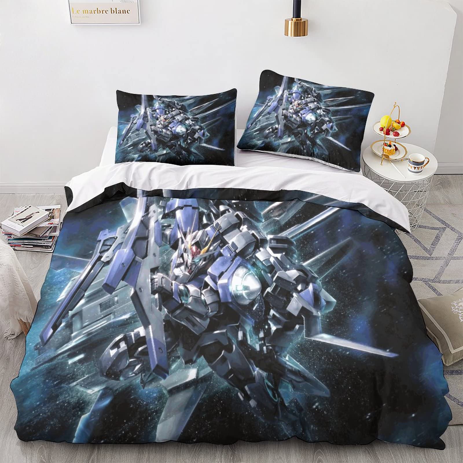 Mobile Suit Gundam Duvet Cover Set Fight War Pattern Quilt Cover Set 3D Print Lightweight Soft Microfiber Bedding Sets with Zipper Closure 3 Piece King（220x240cm）