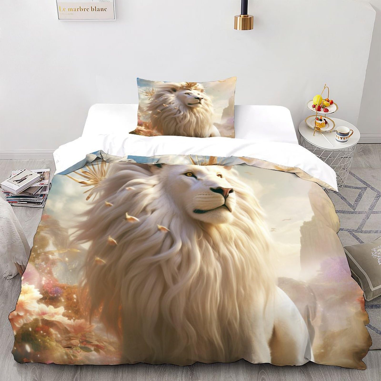 Parure de lit lion blanc housse de couette imprimée 135x200