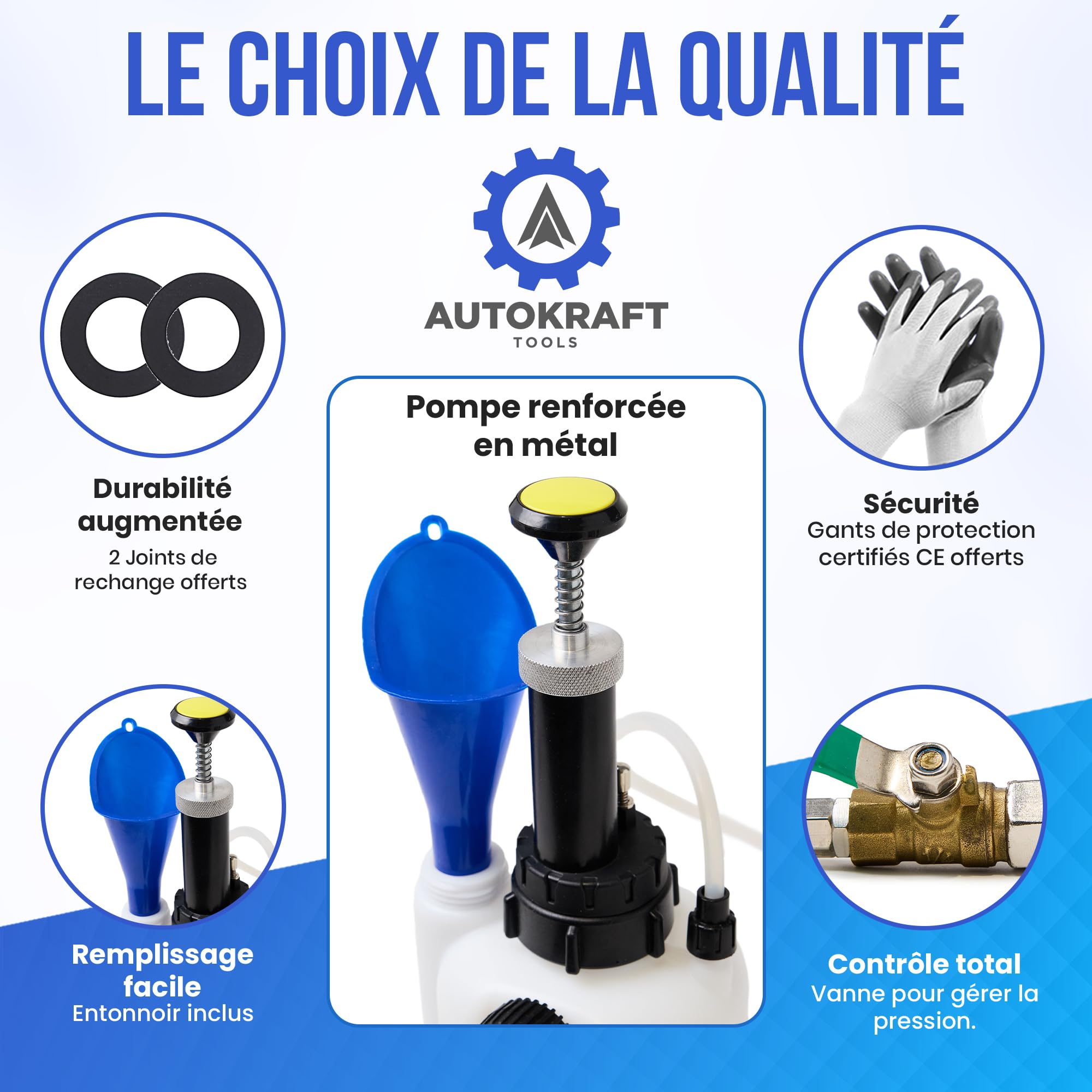 Purgeur de Frein 3L - Pompe renforcée en métal - Valve de Contrôle du Débit - Adaptateur Universel E20 - Entonnoir et Gants de Sécurité Offerts - Bouteille de Collecte 1L