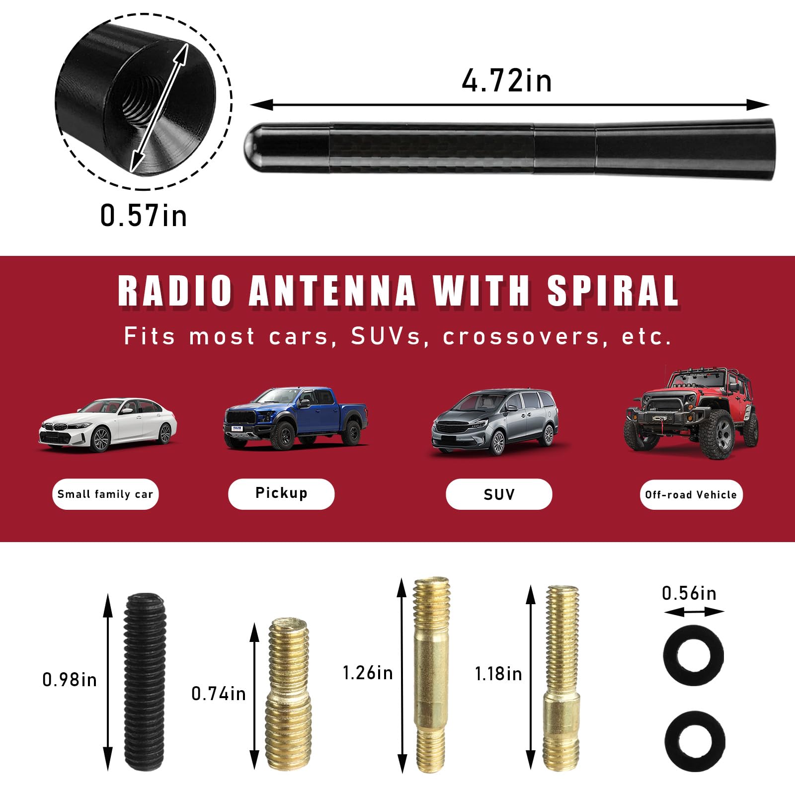 Dickno Car Short Antenna, 4.72'' Aluminum Radio Antenna Mast Replacement, Carbon Fiber Auto AM/FM Radio Reception Antenna with Screws, Vehicle Roof Mini Aerial Antenna for Car SUV (Black)