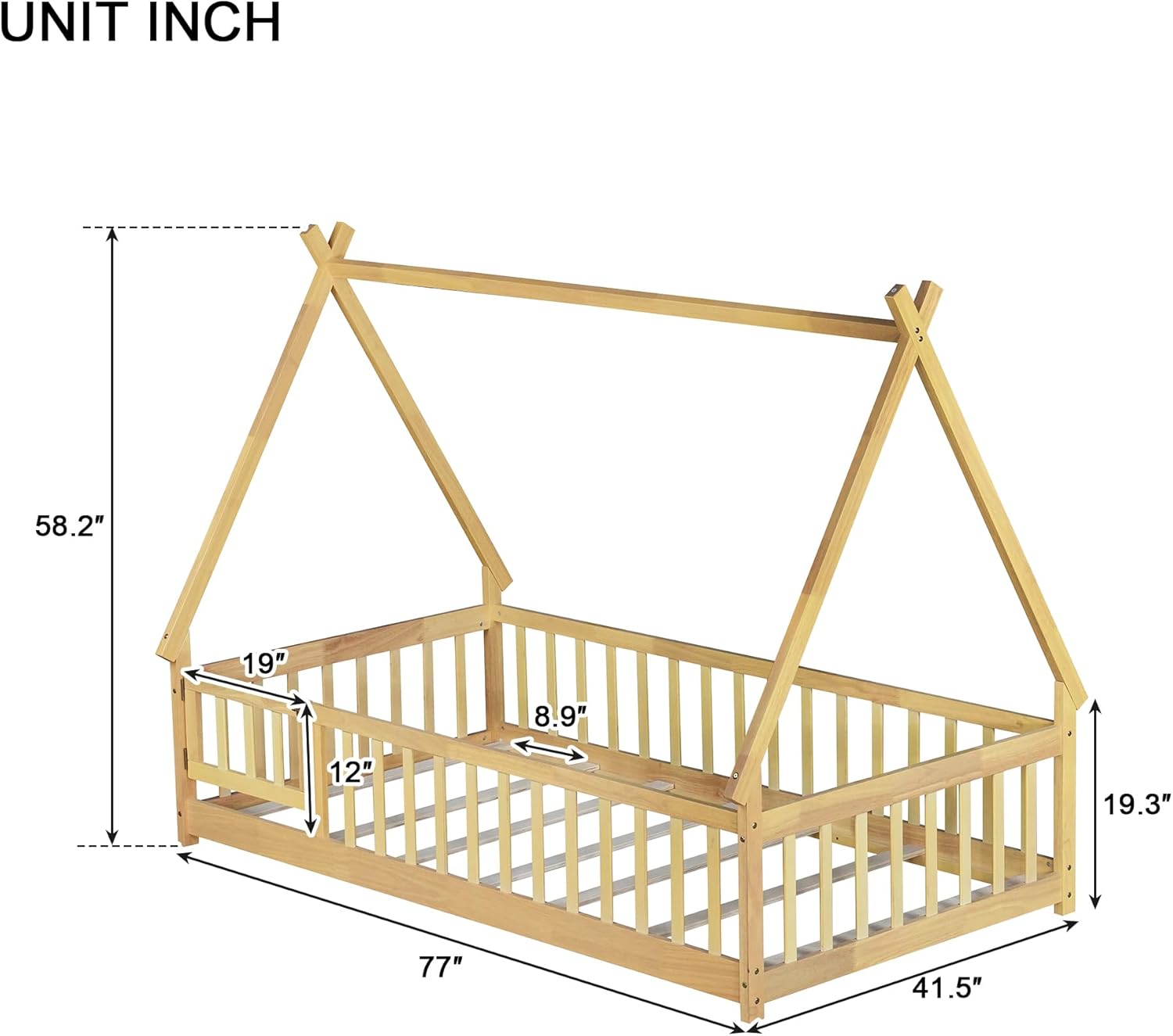 Twin Tent-Shaped Bed for Kids with Door, Teepee Floor Bed with Guardrails, Solid Wood Montessori Bed Frame, Montessori Floor Beds for Toddler and Kids, Natural