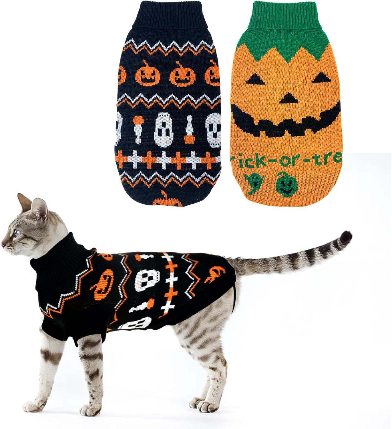 Vehomy 2Pcs Pet Halloween Sweaters Dog Halloween Pumpkin Sweater Kitten Cat Holiday