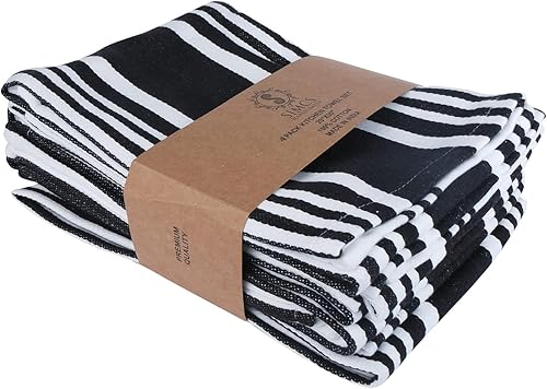 Juego de 4 paños de cocina blanco y negro de 20 x 30 pulgadas, tamaño extra grande, altamente absorbente, 100% algodón, con esquinas en inglete,