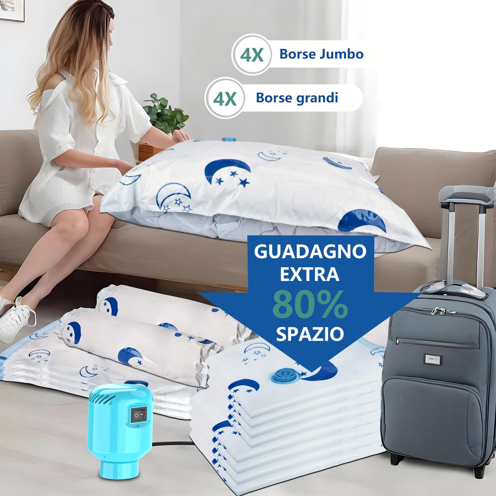 SZO Sacchetti sottovuoto per piumoni con pompa elettrica 8 pezzi (4 jumbo, 4 grandi) Viaggio Sgonfiaggio rapido Salvaspazio per piumoni vestiti cuscini biancheria da letto