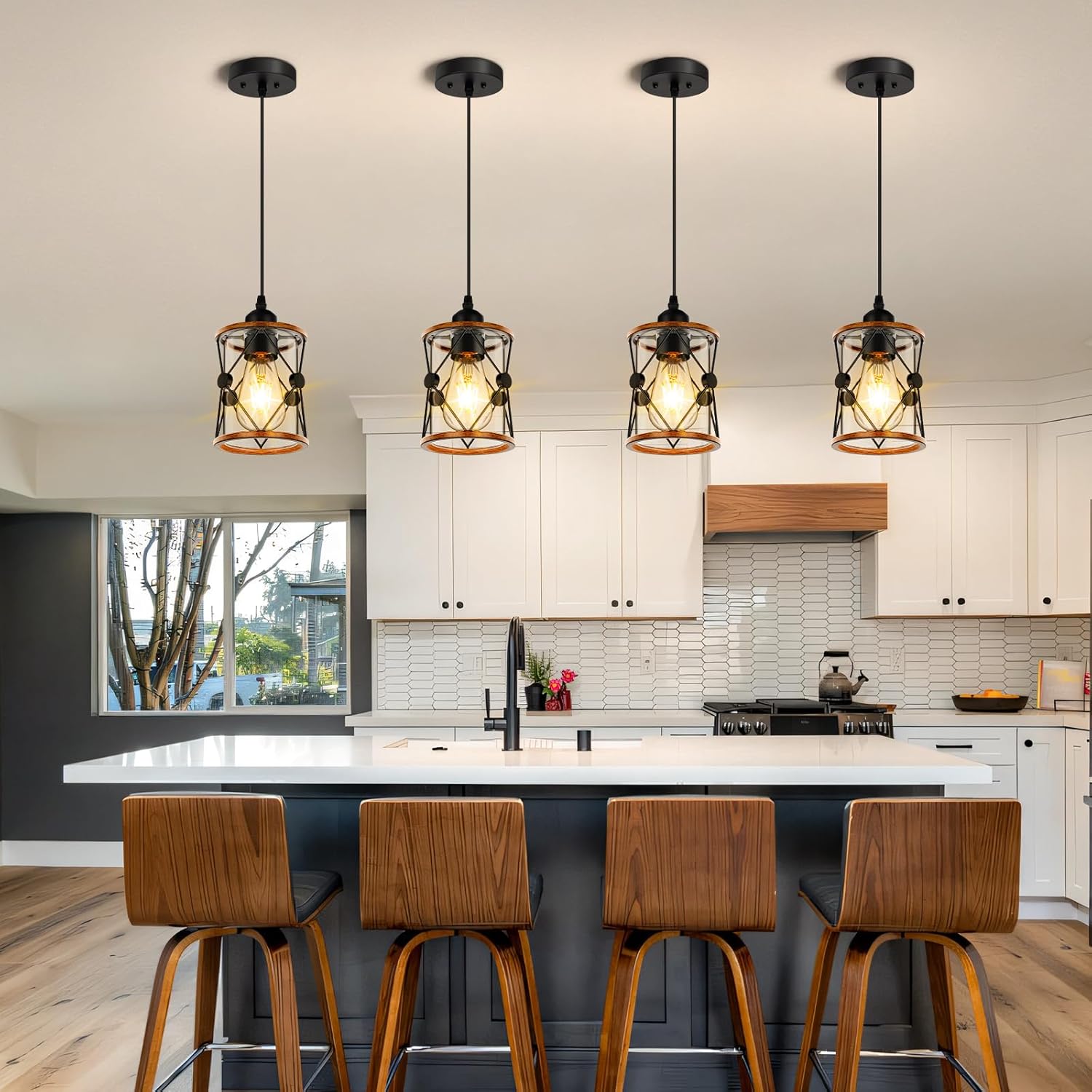 Farmhouse Pendant Light, Rustic Pendant Lights Kitchen Island, Pendent Light with Wooden Frame, Metal Case, E26 Bulb Base (Wood-3P, 3 Pack)